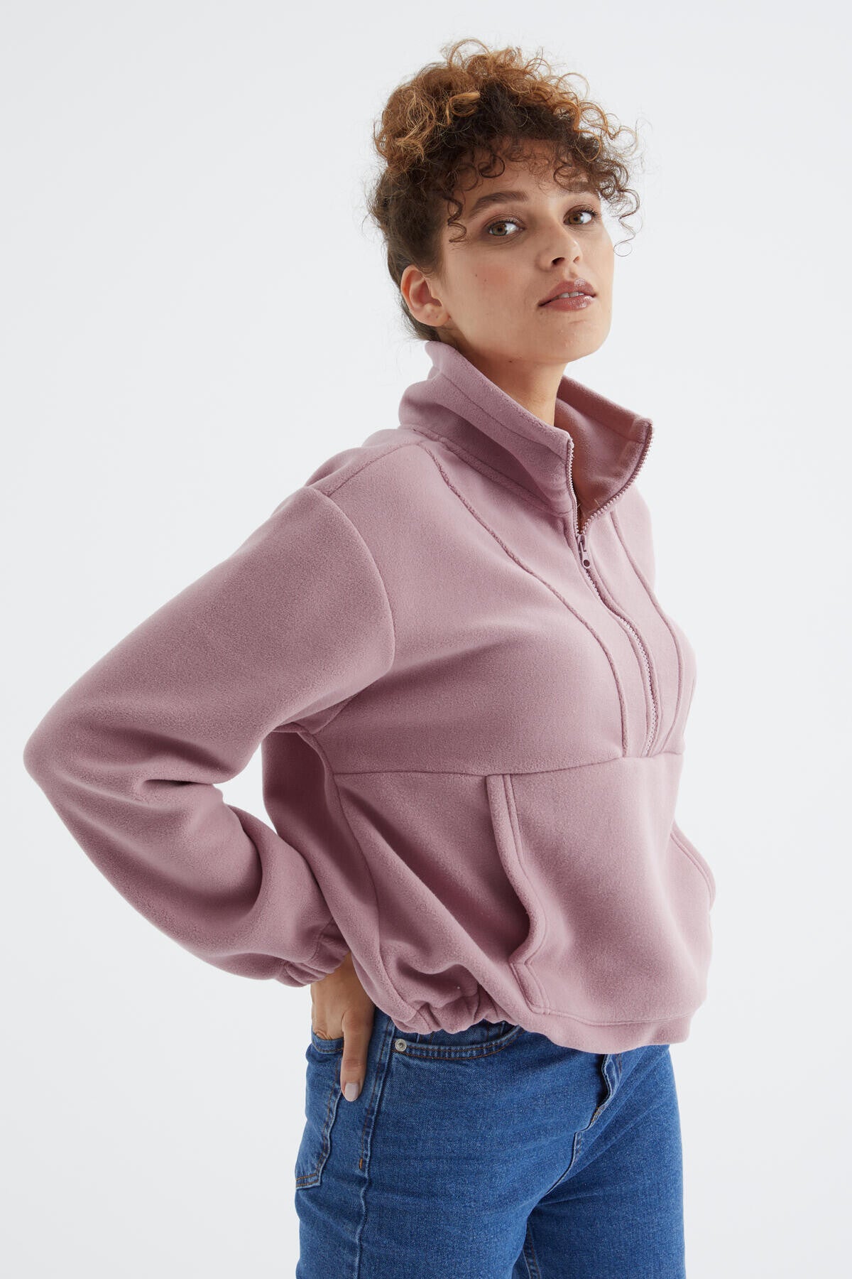 Gül Kurusu Yarım Fermuar Etek Ucu Büzgülü Kadın Polar Oversize Sweatshirt - 97171