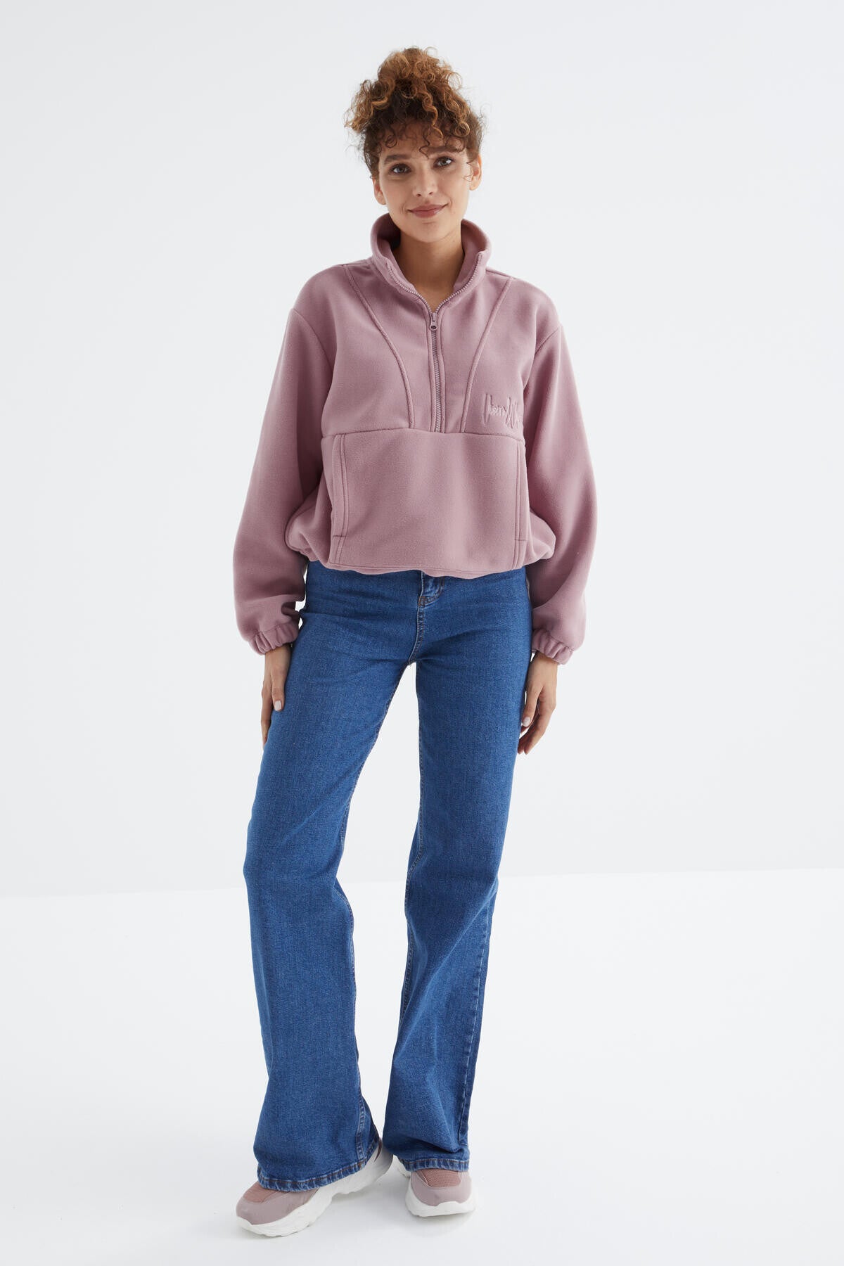 Gül Kurusu Yarım Fermuar Etek Ucu Büzgülü Kadın Polar Oversize Sweatshirt - 97171