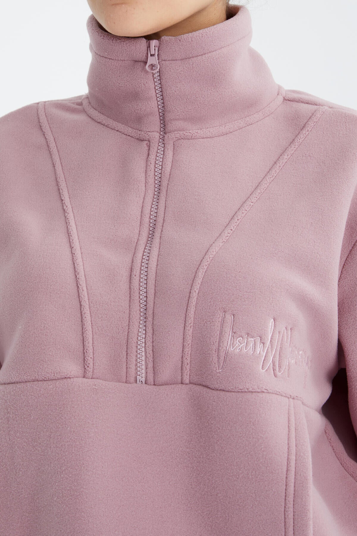 Gül Kurusu Yarım Fermuar Etek Ucu Büzgülü Kadın Polar Oversize Sweatshirt - 97171