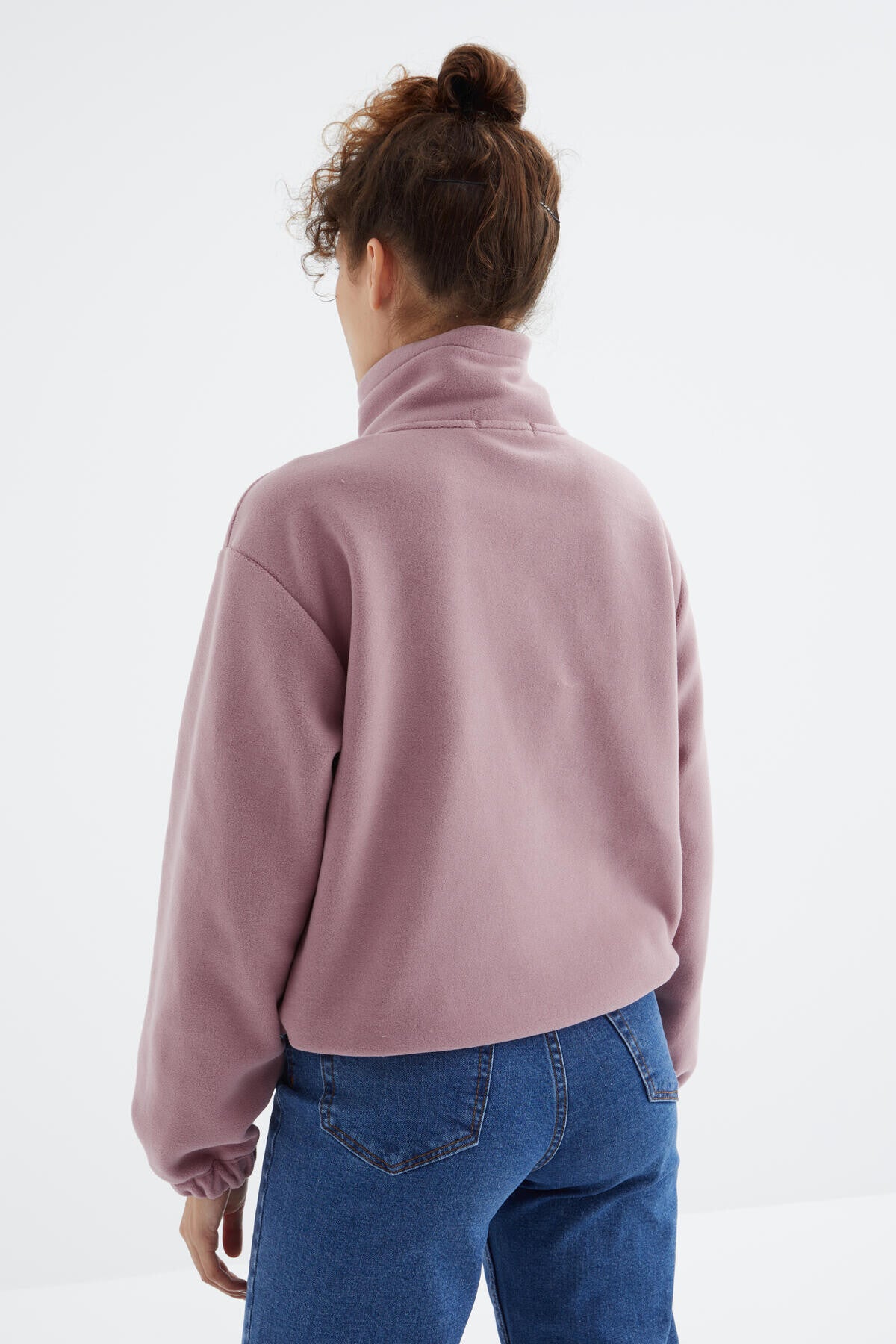 Gül Kurusu Yarım Fermuar Etek Ucu Büzgülü Kadın Polar Oversize Sweatshirt - 97171