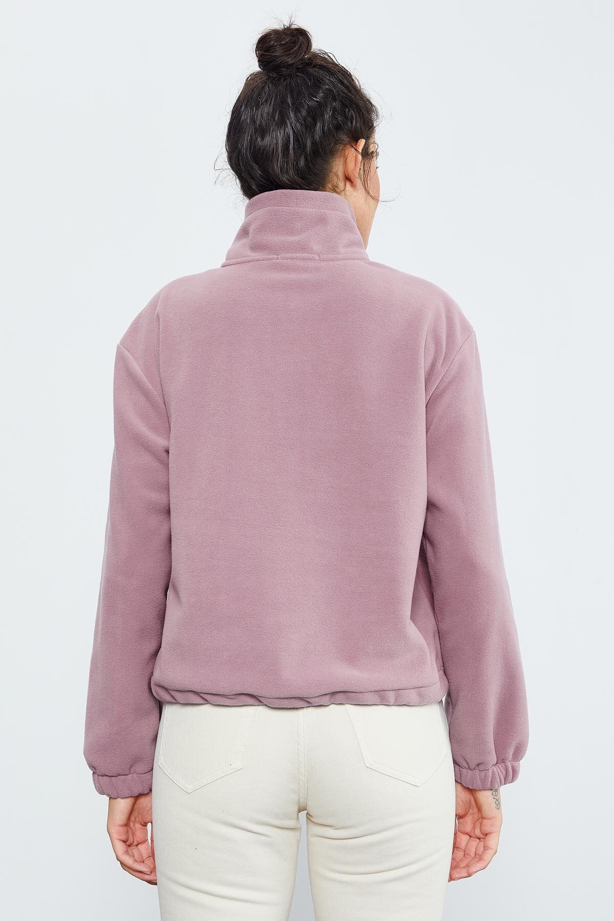 Gül Kurusu Yarım Fermuar Etek Ucu Büzgülü Kadın Polar Oversize Sweatshirt - 97171