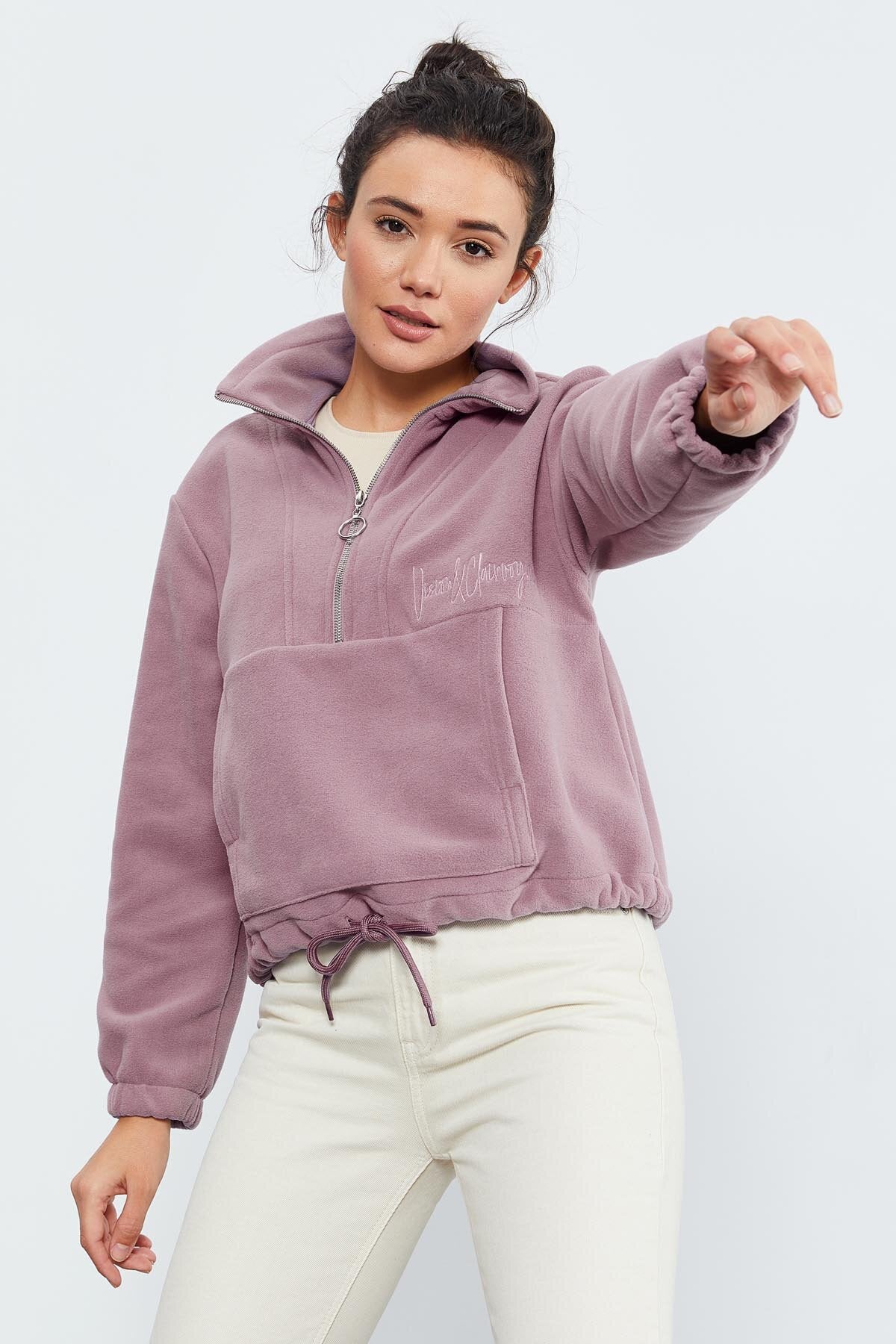 Gül Kurusu Yarım Fermuar Etek Ucu Büzgülü Kadın Polar Oversize Sweatshirt - 97171