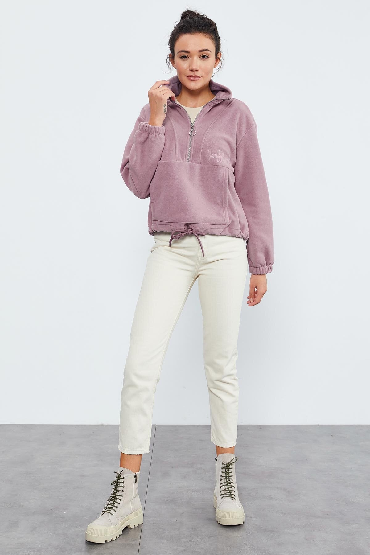 Gül Kurusu Yarım Fermuar Etek Ucu Büzgülü Kadın Polar Oversize Sweatshirt - 97171