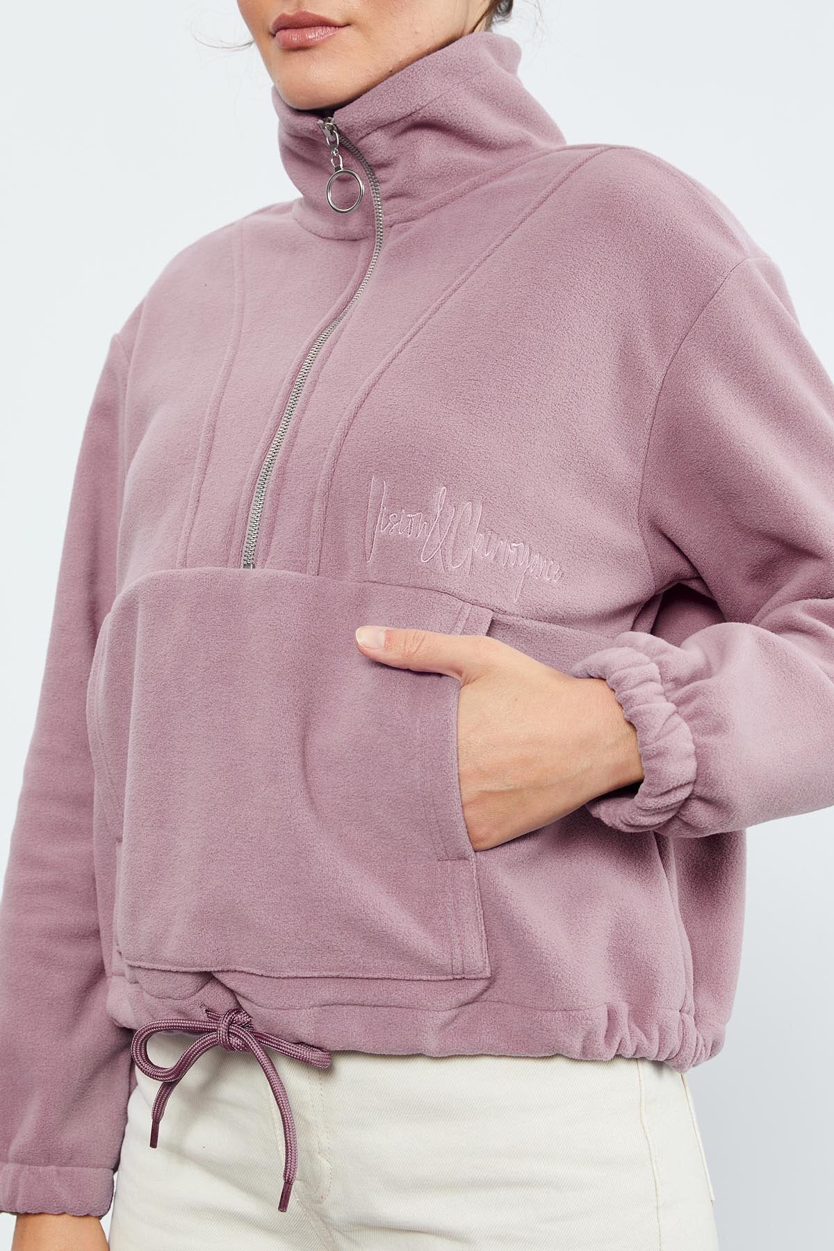 Gül Kurusu Yarım Fermuar Etek Ucu Büzgülü Kadın Polar Oversize Sweatshirt - 97171