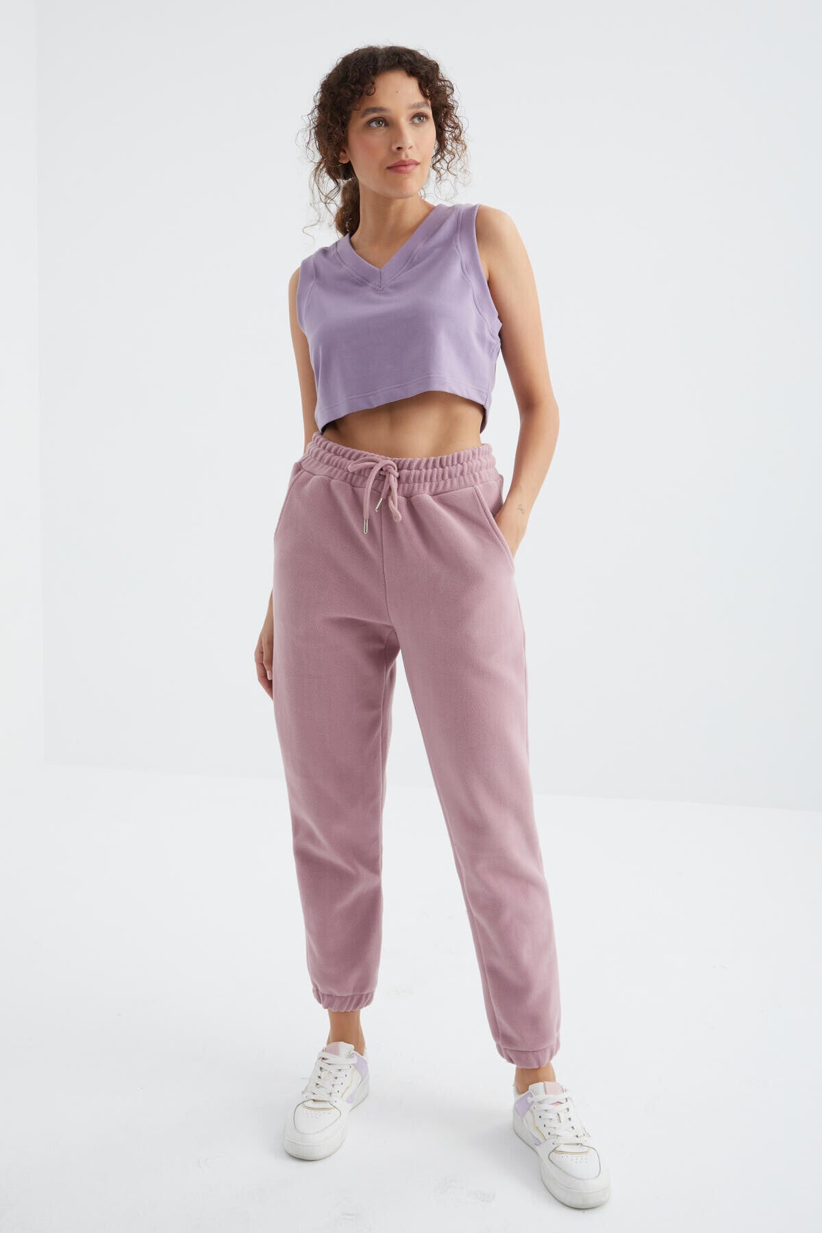 Gül Kurusu Yüksek Bel Basic Bağcıklı Jogger Polar Kadın Eşofman Alt - 94622