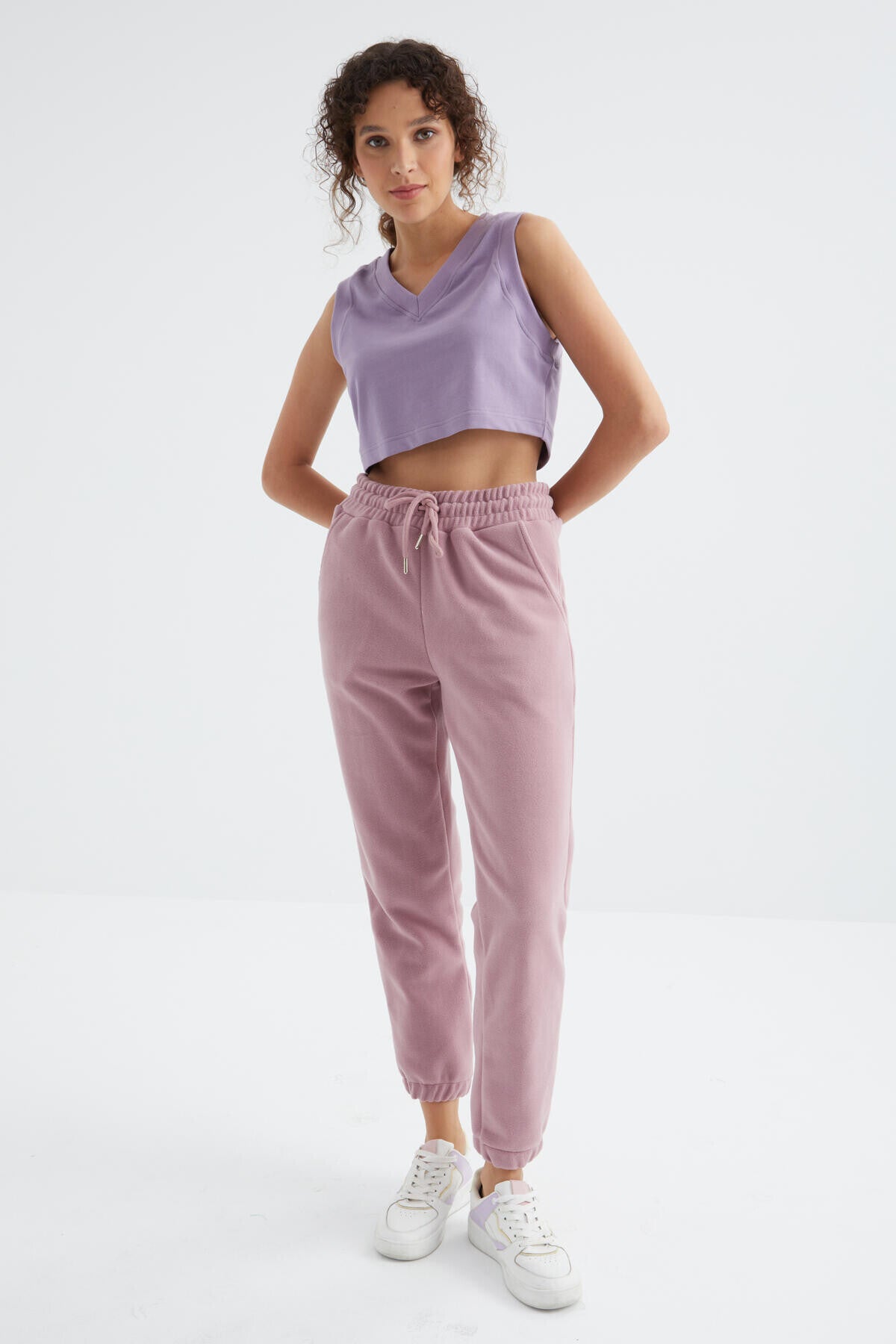 Gül Kurusu Yüksek Bel Basic Bağcıklı Jogger Polar Kadın Eşofman Alt - 94622