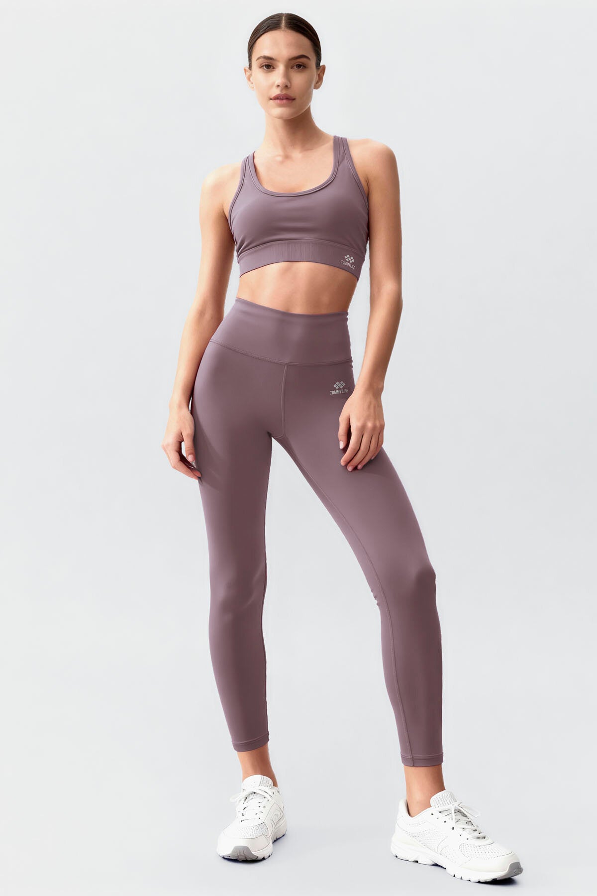 Gül Kurusu Yüksek Bel Toparlayıcı Çapraz Sırt Detaylı Slim Fit Kadın Tayt Takım - 95283