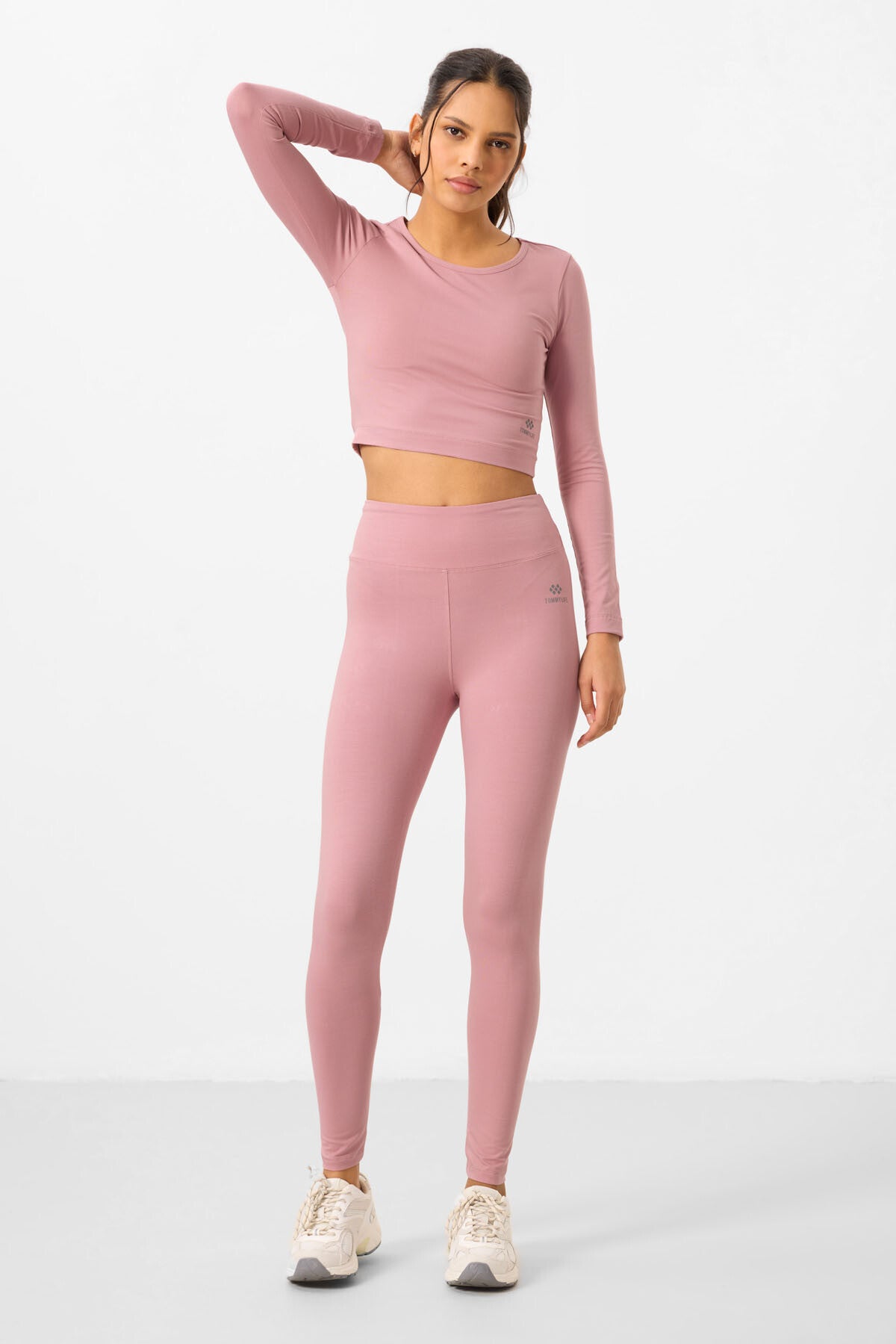 Gül Kurusu Yüksek Bel Uzun Kollu Slim Fit Crop Top Kadın Tayt Takım - 95286