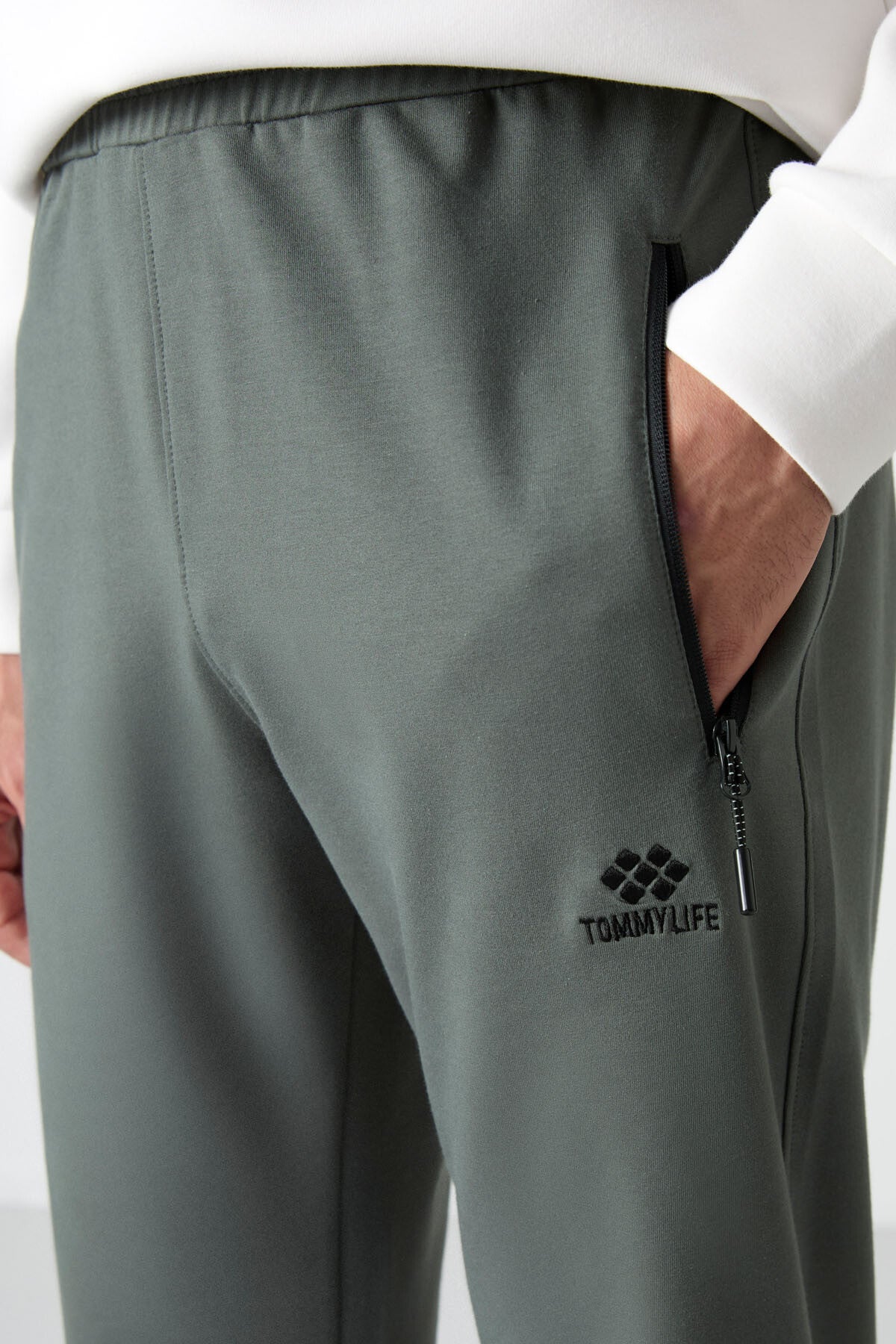 Haki Fermuarlı Üç Cepli Dar Kalıp Klasik Paça Erkek Eşofman Alt - 84671