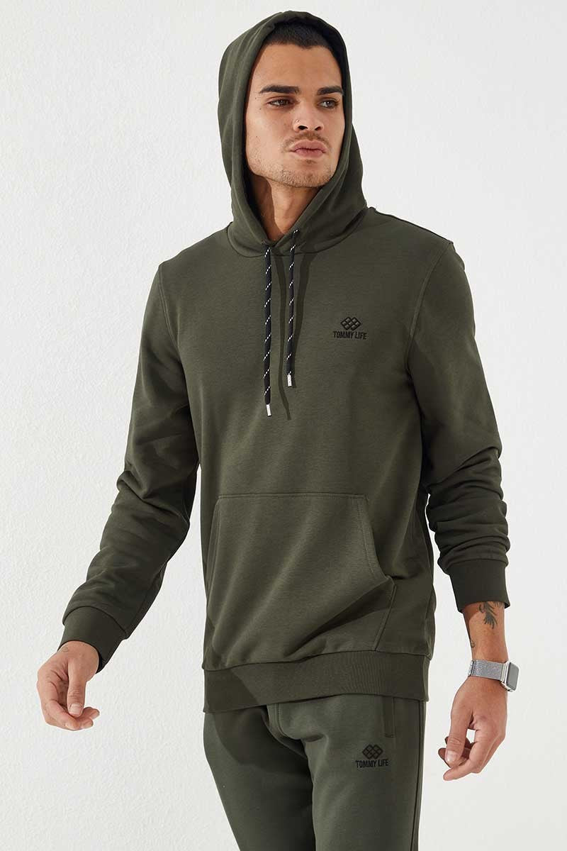 Haki Kanguru Cep Standart Kalıp Kapüşonlu Erkek Sweatshirt - 87872