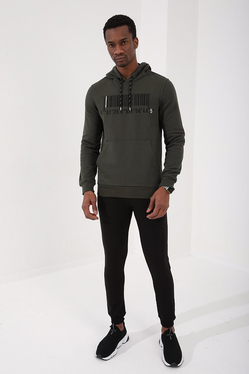 Haki Nakışlı Kanguru Cep Standart Kalıp Kapüşonlu Erkek Sweatshirt - 87839