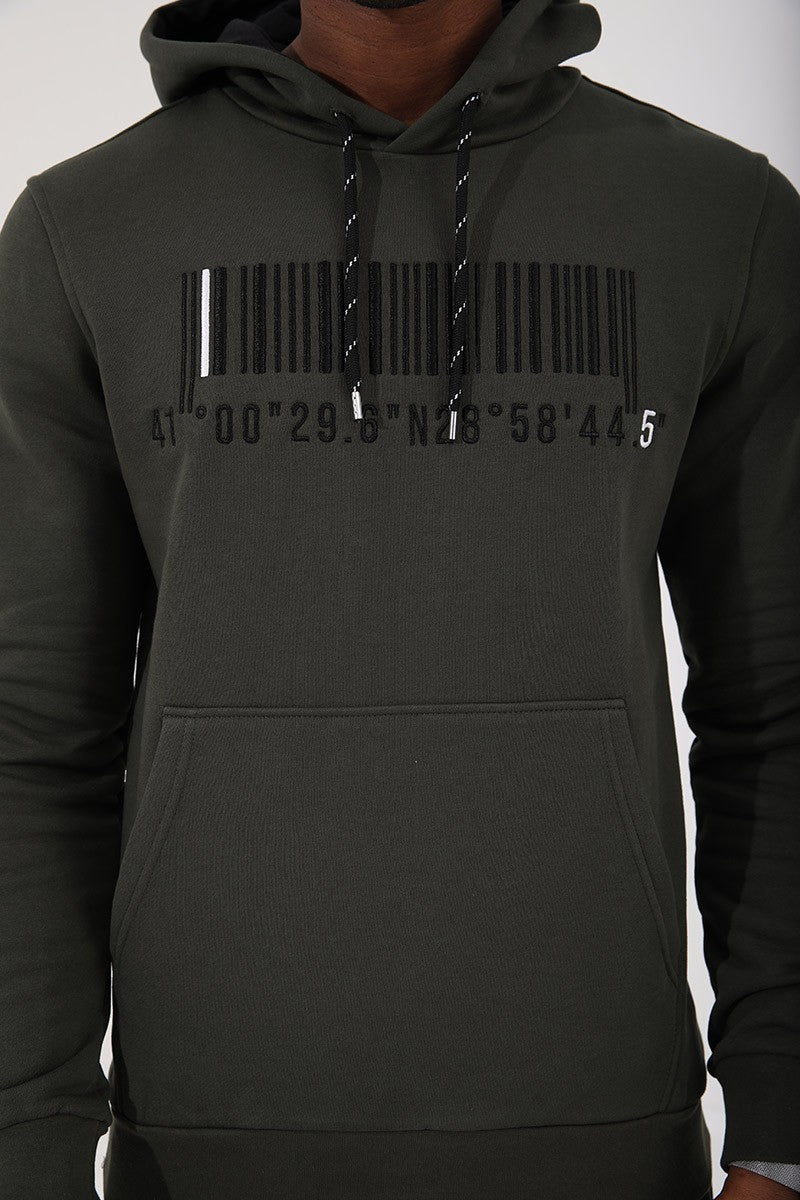 Haki Nakışlı Kanguru Cep Standart Kalıp Kapüşonlu Erkek Sweatshirt - 87839