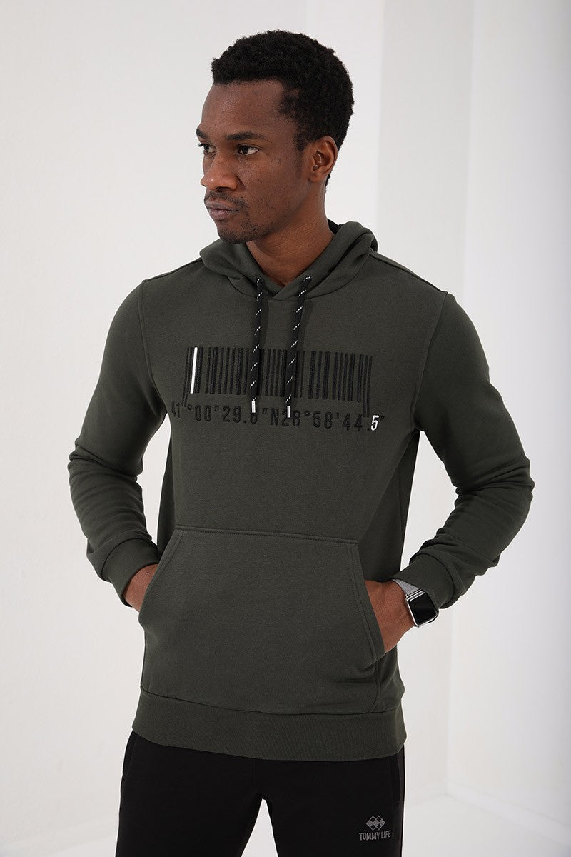Haki Nakışlı Kanguru Cep Standart Kalıp Kapüşonlu Erkek Sweatshirt - 87839