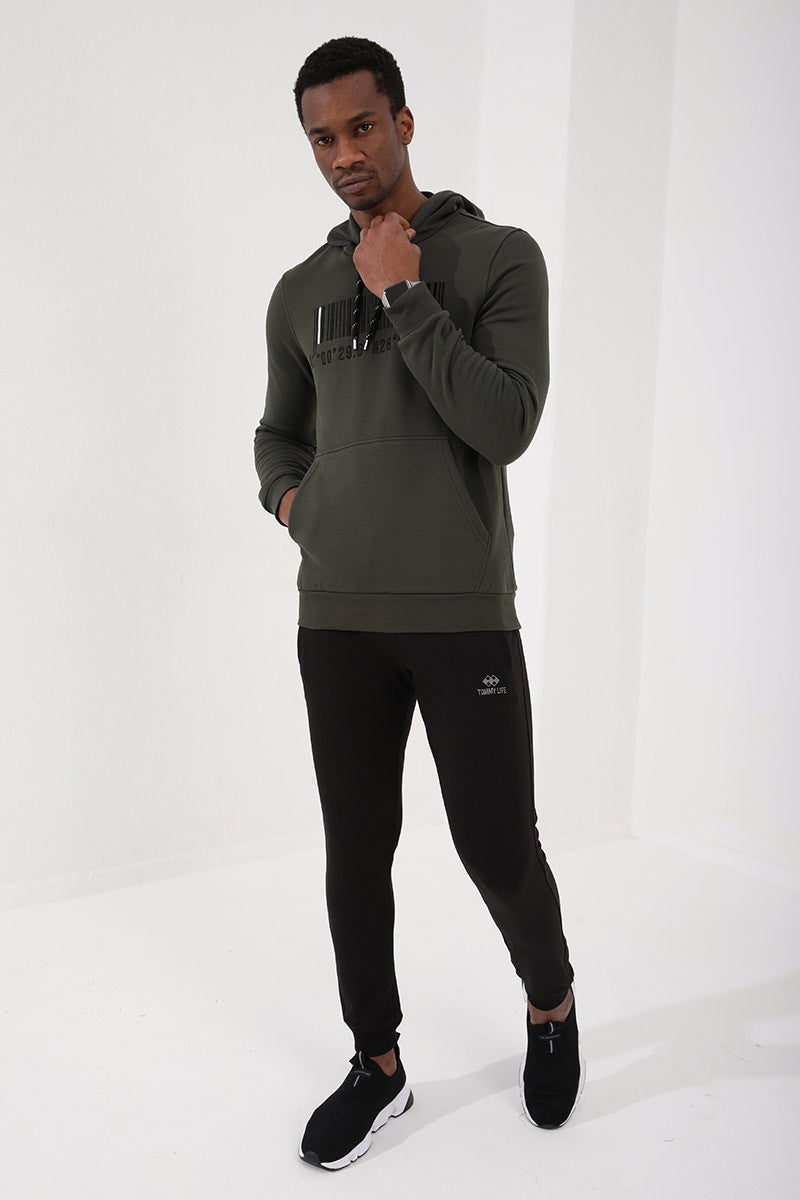 Haki Nakışlı Kanguru Cep Standart Kalıp Kapüşonlu Erkek Sweatshirt - 87839