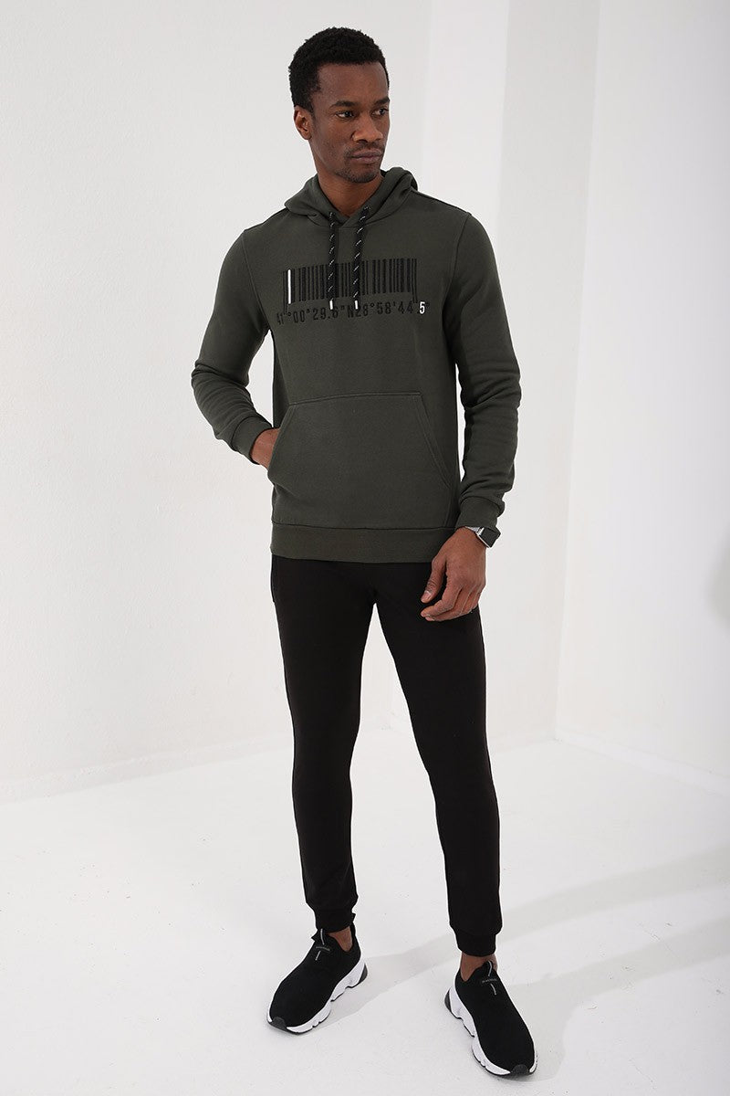 Haki Nakışlı Kanguru Cep Standart Kalıp Kapüşonlu Erkek Sweatshirt - 87839