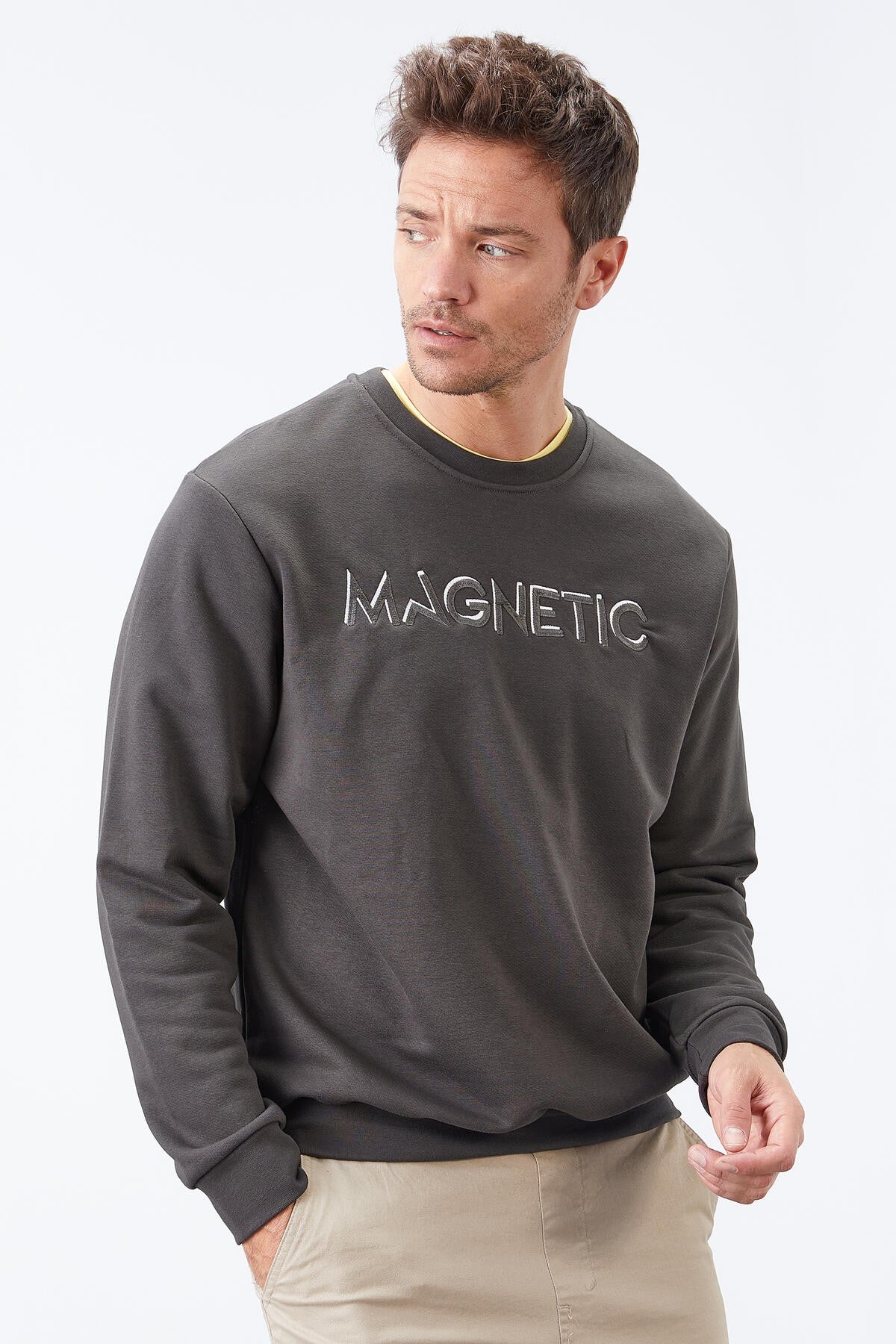 Haki Yazı Nakışlı O Yaka Rahat Form İçi Polarlı Erkek Sweatshirt - 88020