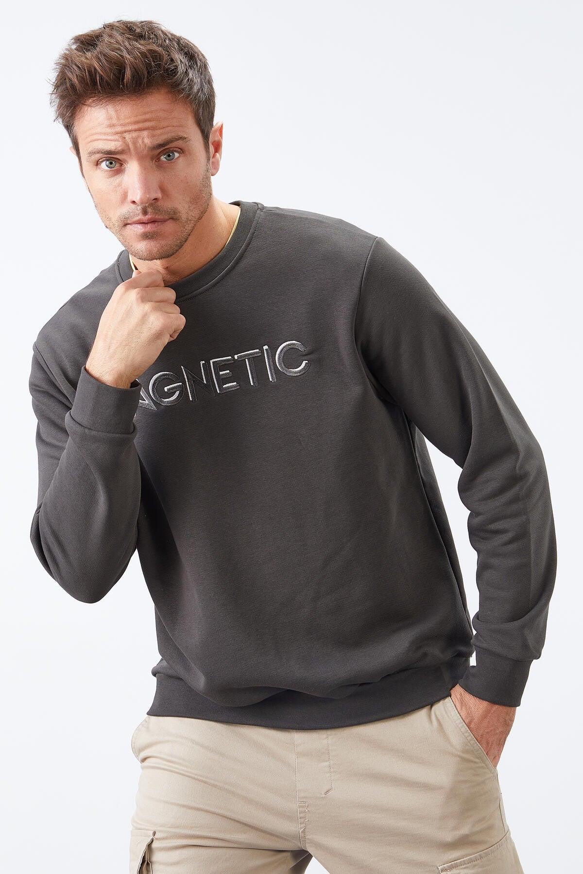 Haki Yazı Nakışlı O Yaka Rahat Form İçi Polarlı Erkek Sweatshirt - 88020