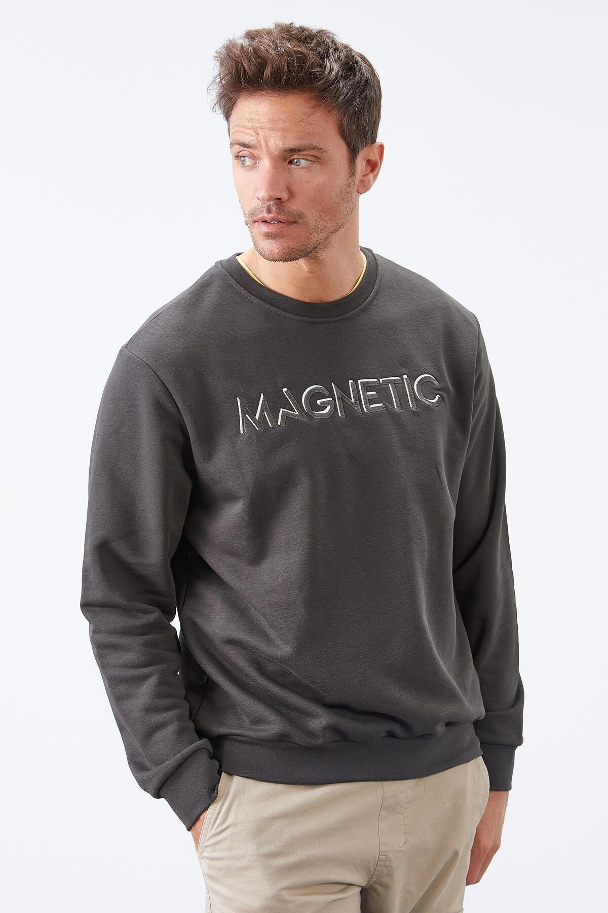 Haki Yazı Nakışlı O Yaka Rahat Form İçi Polarlı Erkek Sweatshirt - 88020