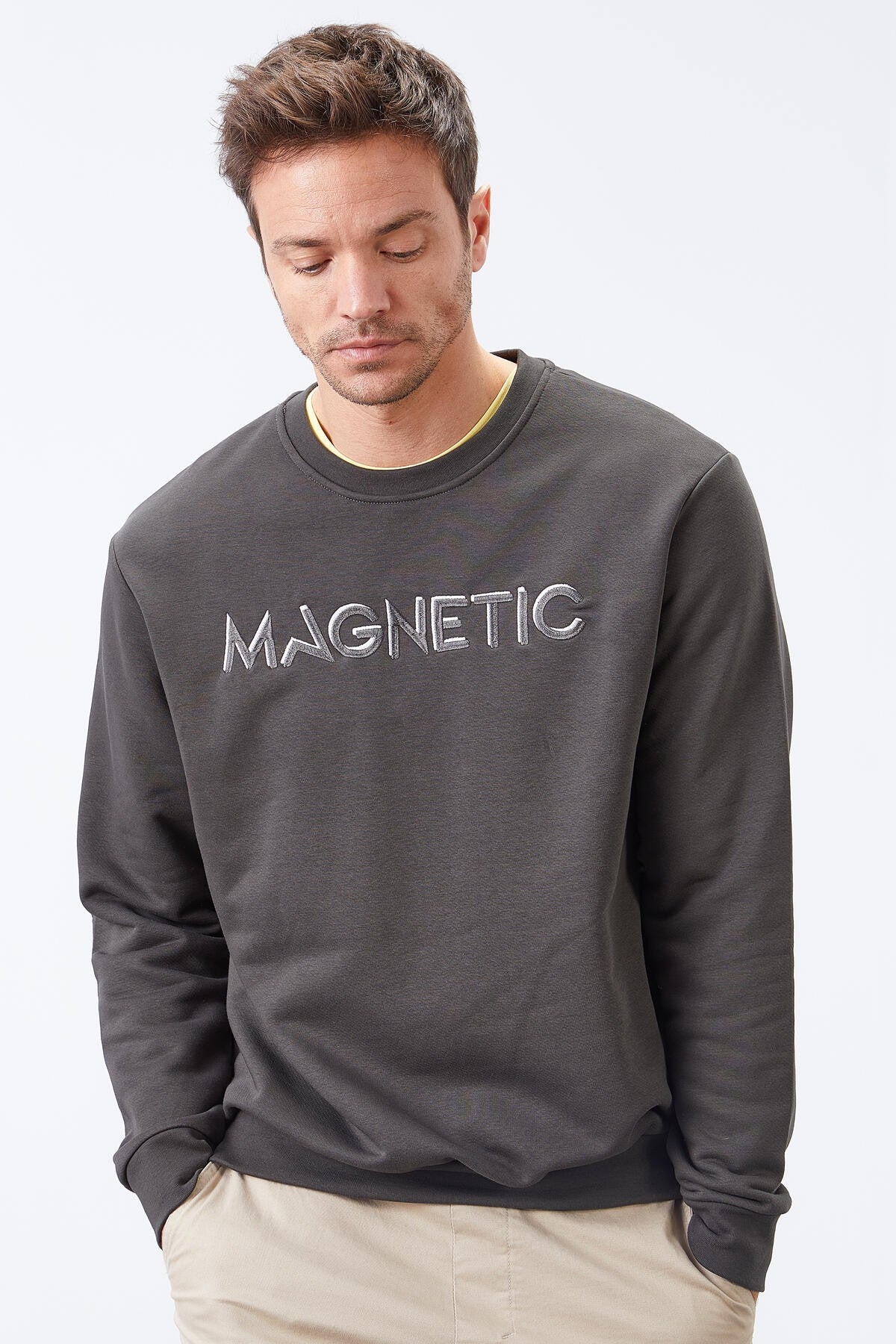 Haki Yazı Nakışlı O Yaka Rahat Form İçi Polarlı Erkek Sweatshirt - 88020