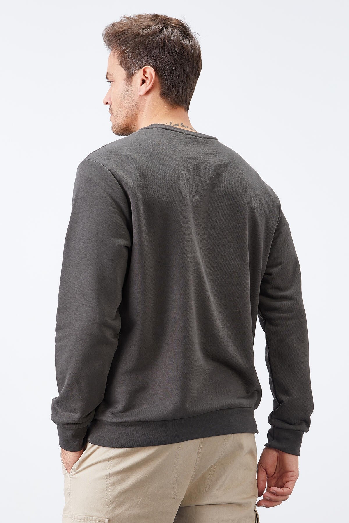 Haki Yazı Nakışlı O Yaka Rahat Form İçi Polarlı Erkek Sweatshirt - 88020