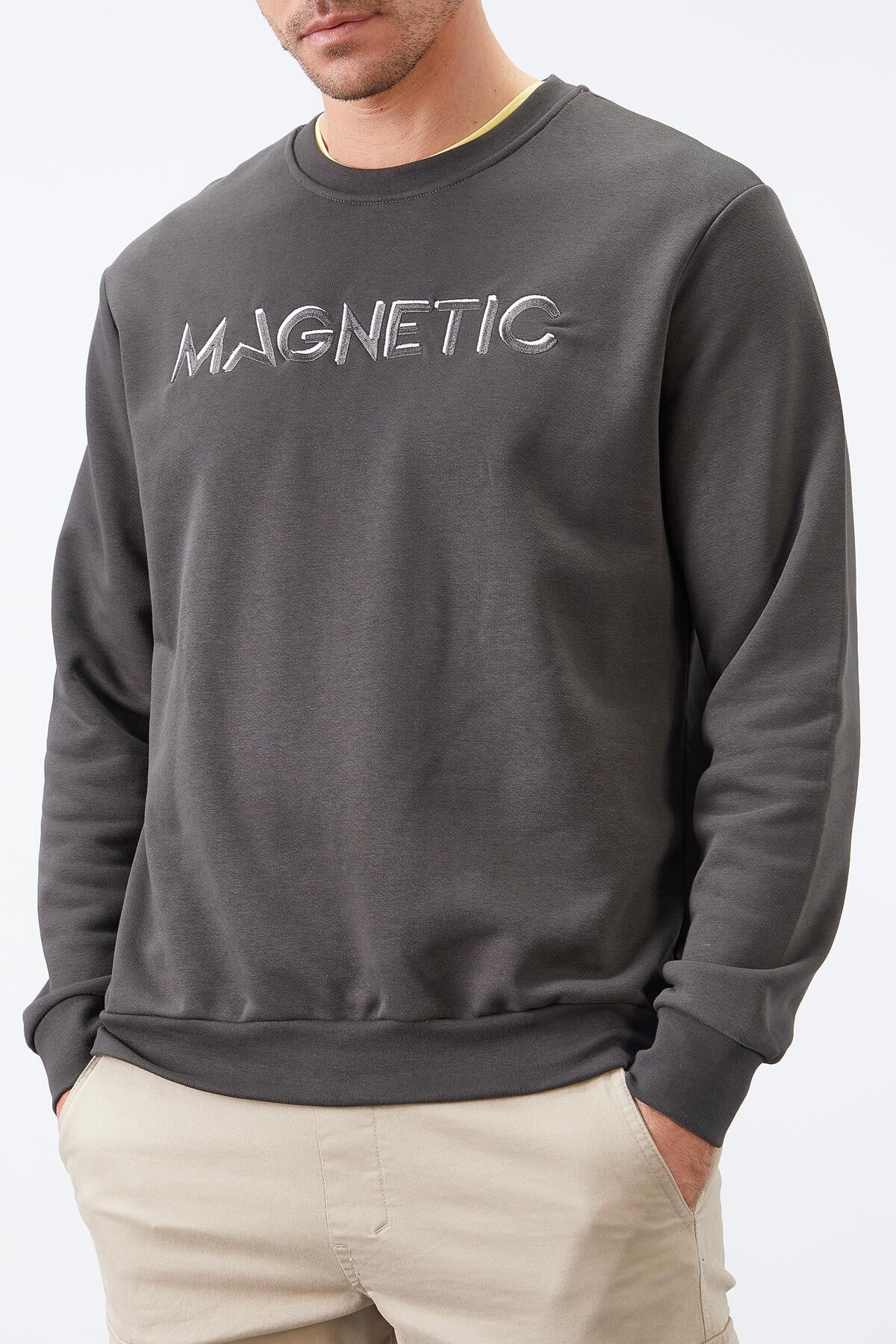 Haki Yazı Nakışlı O Yaka Rahat Form İçi Polarlı Erkek Sweatshirt - 88020