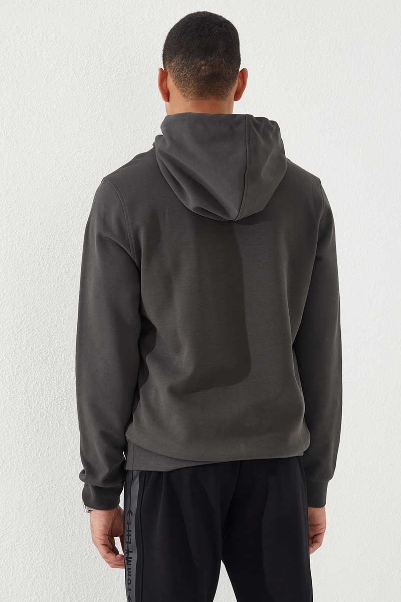 Haki Yazı Nakışlı Standart Kalıp Kapüşonlu Erkek Sweatshirt - 87887