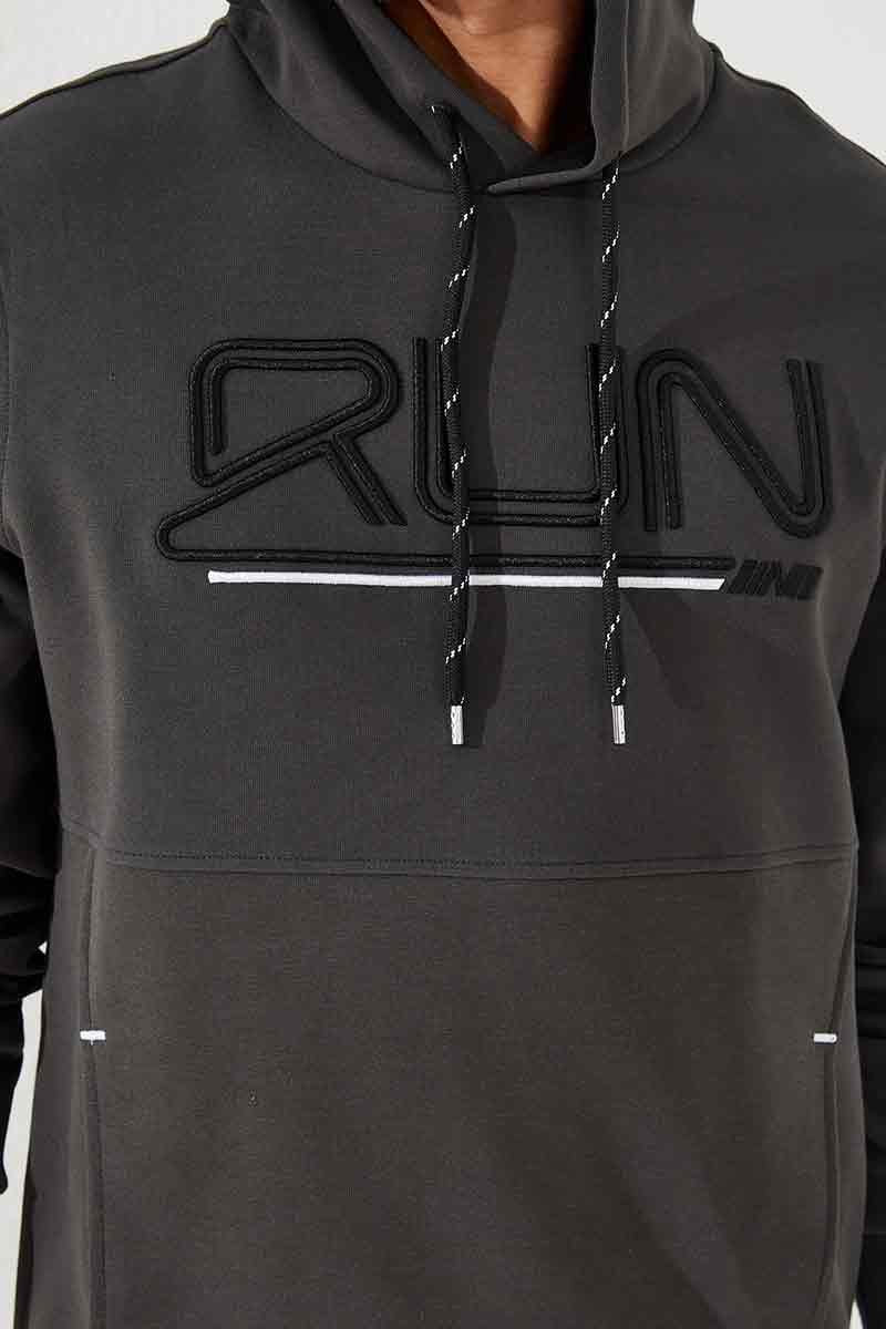 Haki Yazı Nakışlı Standart Kalıp Kapüşonlu Erkek Sweatshirt - 87887
