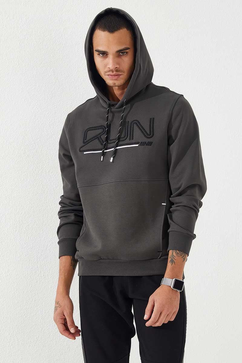 Haki Yazı Nakışlı Standart Kalıp Kapüşonlu Erkek Sweatshirt - 87887