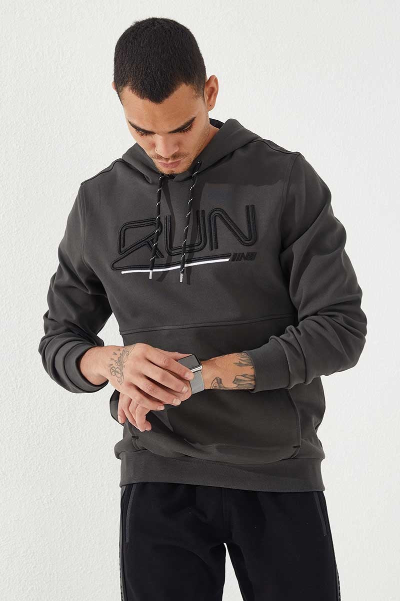 Haki Yazı Nakışlı Standart Kalıp Kapüşonlu Erkek Sweatshirt - 87887