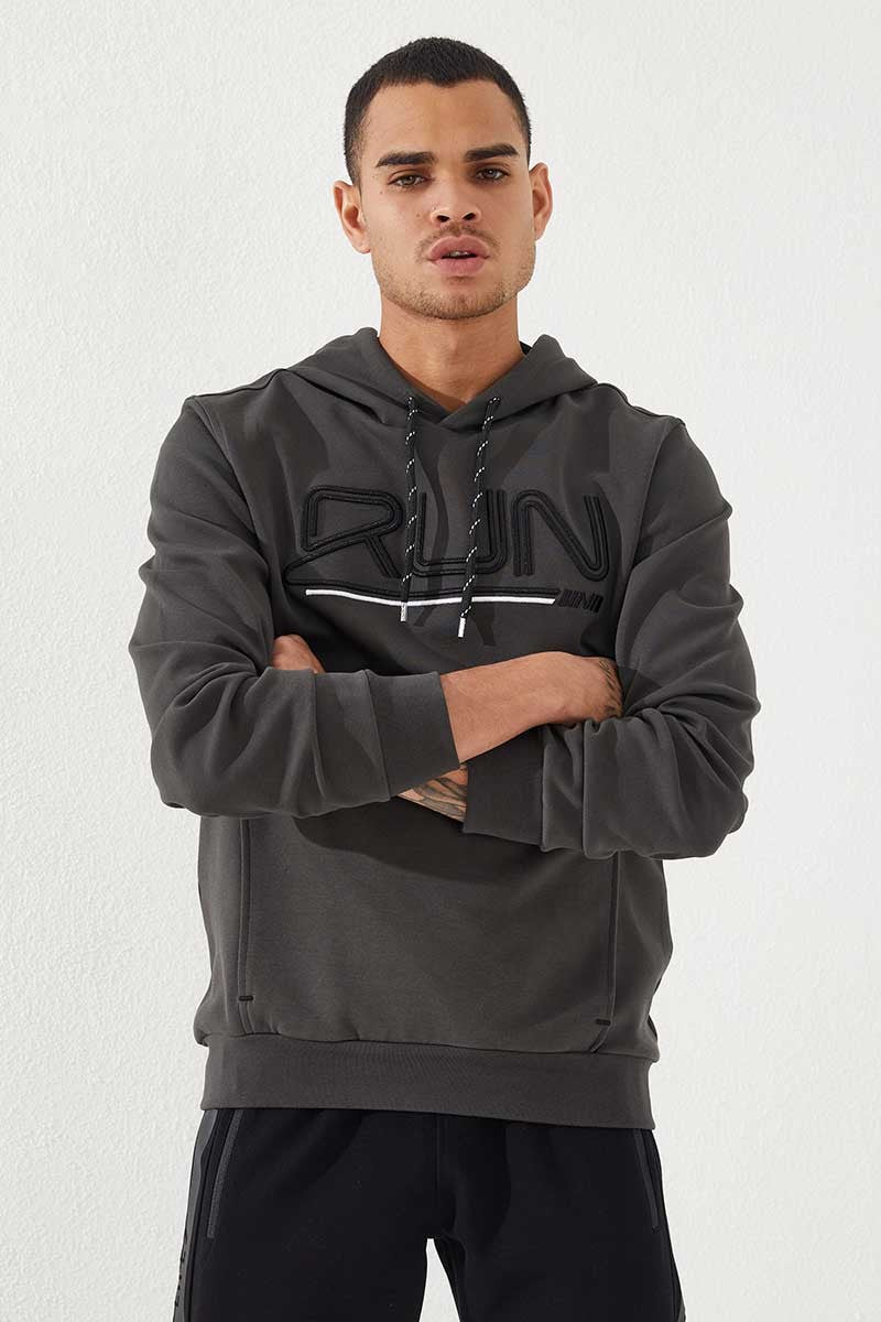 Haki Yazı Nakışlı Standart Kalıp Kapüşonlu Erkek Sweatshirt - 87887
