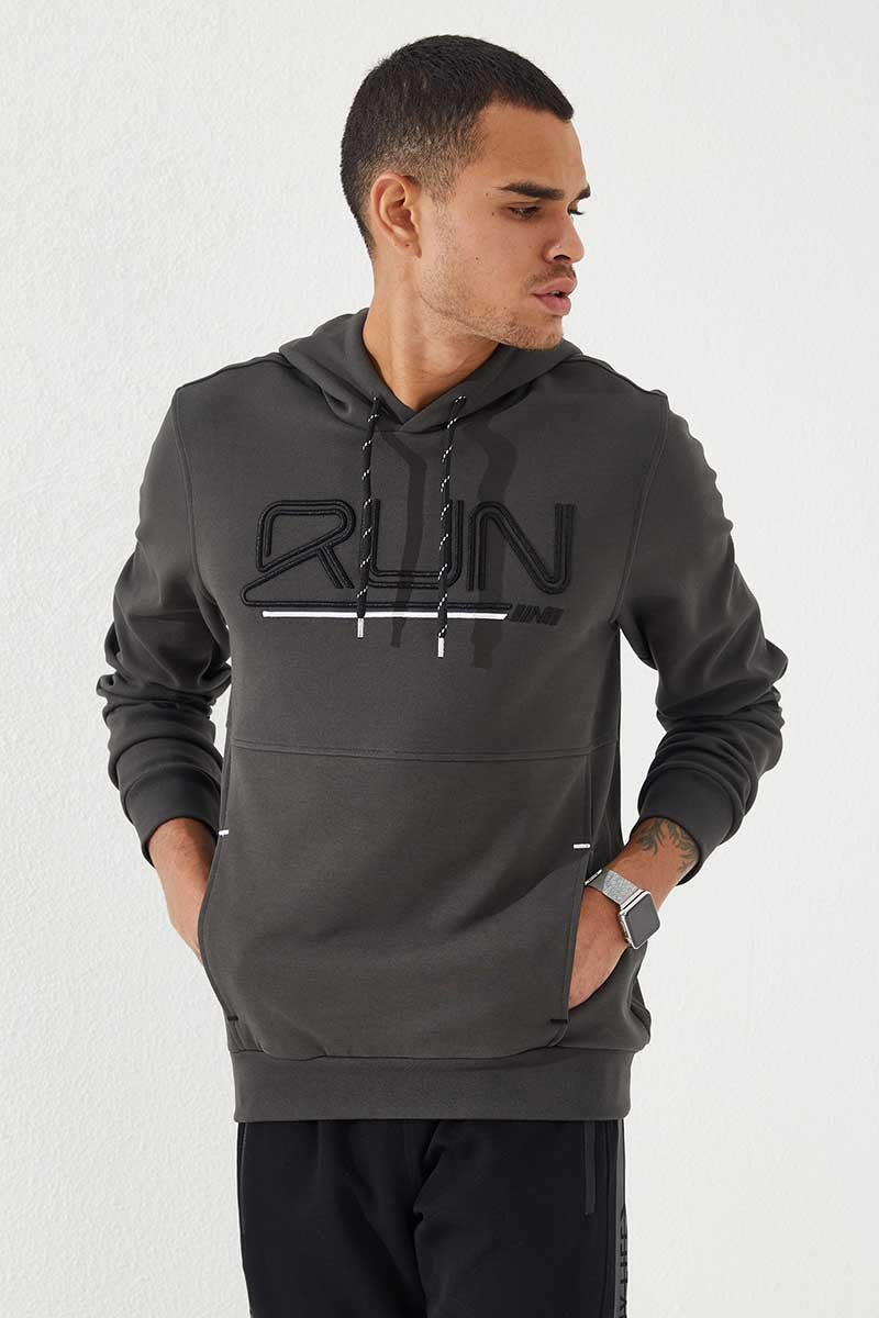Haki Yazı Nakışlı Standart Kalıp Kapüşonlu Erkek Sweatshirt - 87887