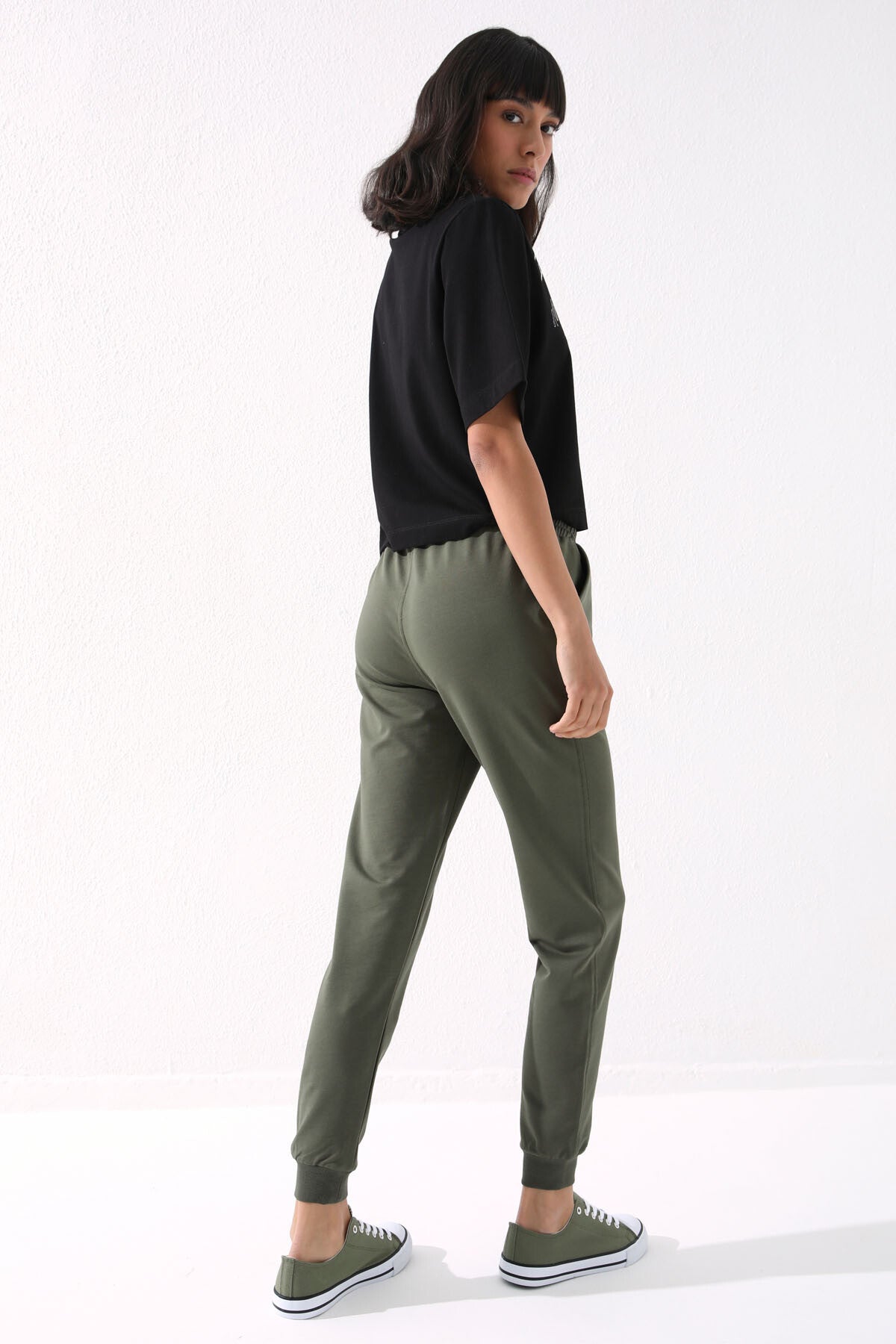Haki Yüksek Bel Jogger Rahat Form Manşetli Kadın Eşofman Alt - 94561