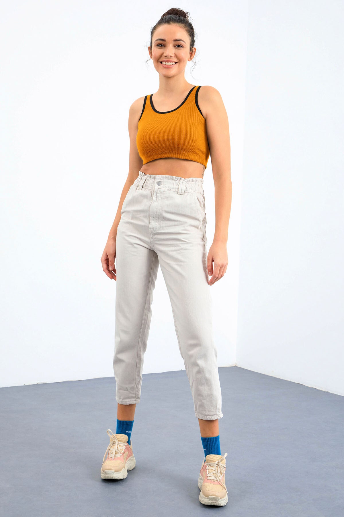 Hardal Basic Sıfır Kol Dar Kalıp U Yaka Kadın Crop Top Atlet - 97160