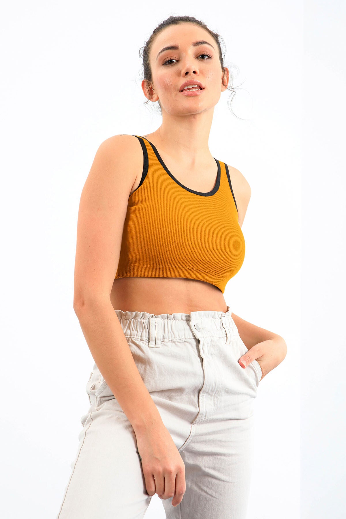 Hardal Basic Sıfır Kol Dar Kalıp U Yaka Kadın Crop Top Atlet - 97160