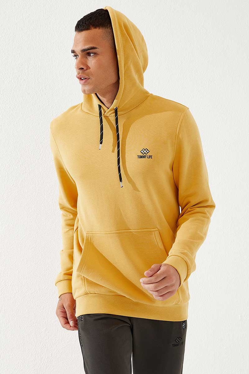 Hardal Kanguru Cep Standart Kalıp Kapüşonlu Erkek Sweatshirt - 87872