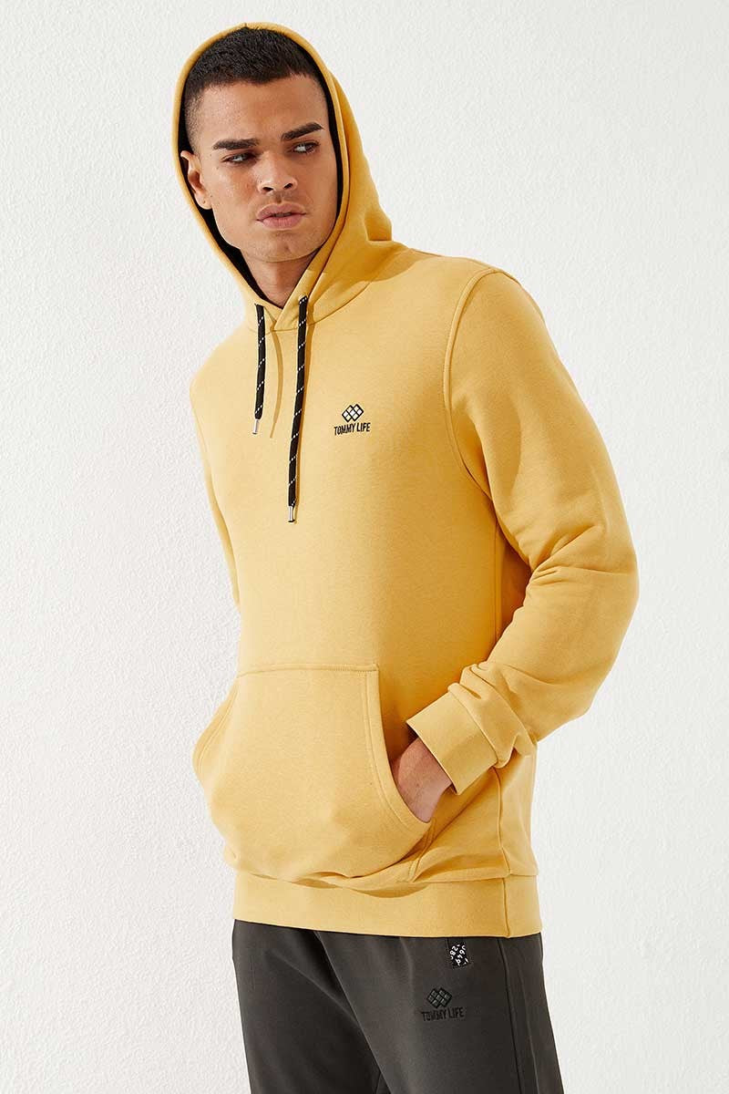 Hardal Kanguru Cep Standart Kalıp Kapüşonlu Erkek Sweatshirt - 87872