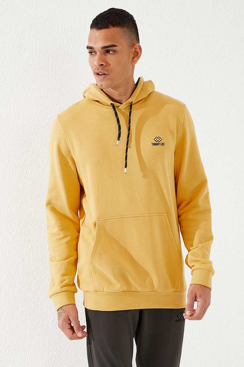 Hardal Kanguru Cep Standart Kalıp Kapüşonlu Erkek Sweatshirt - 87872