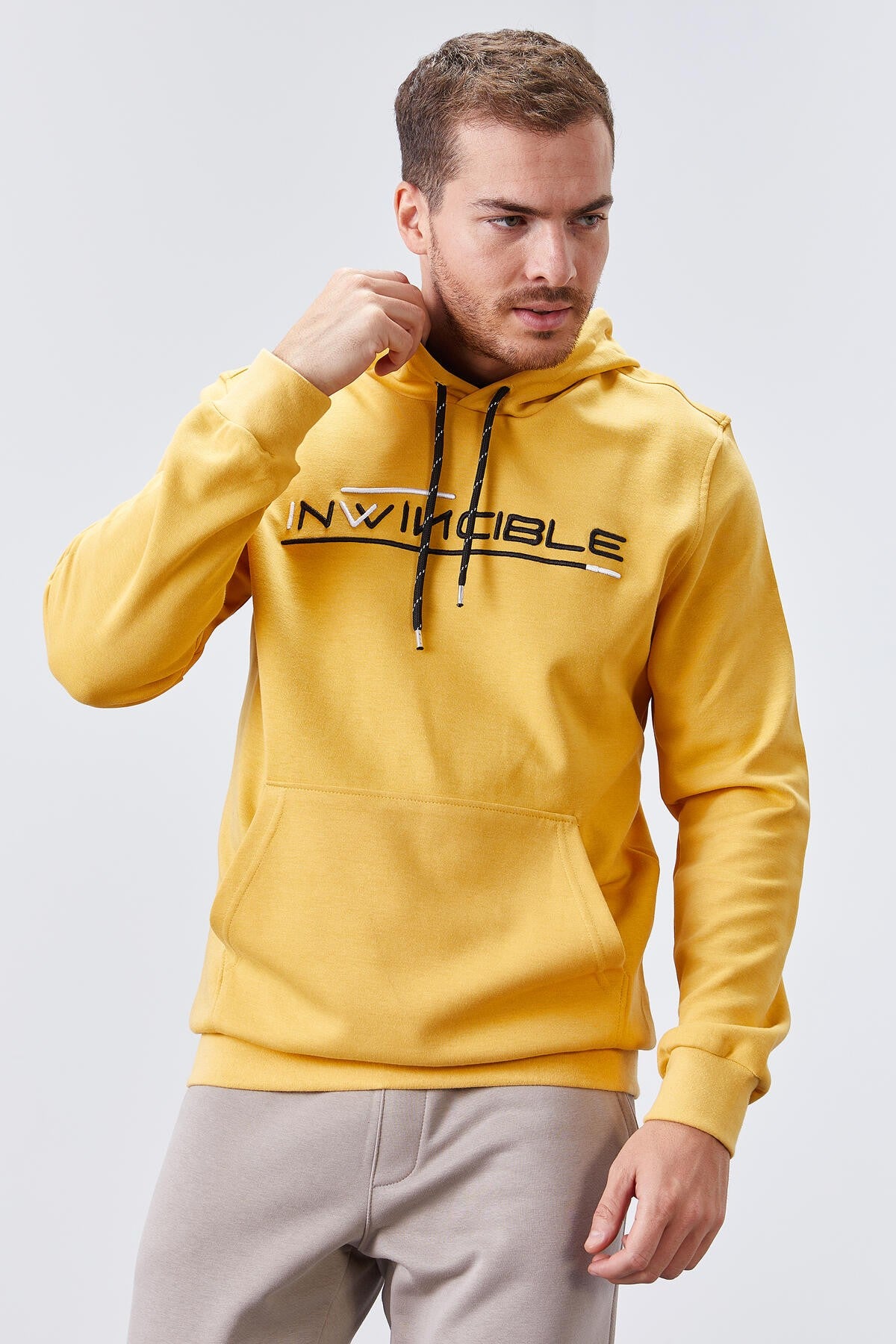 Hardal Kanguru Cep Standart Kalıp Kapüşonlu Erkek Sweatshirt - 87883