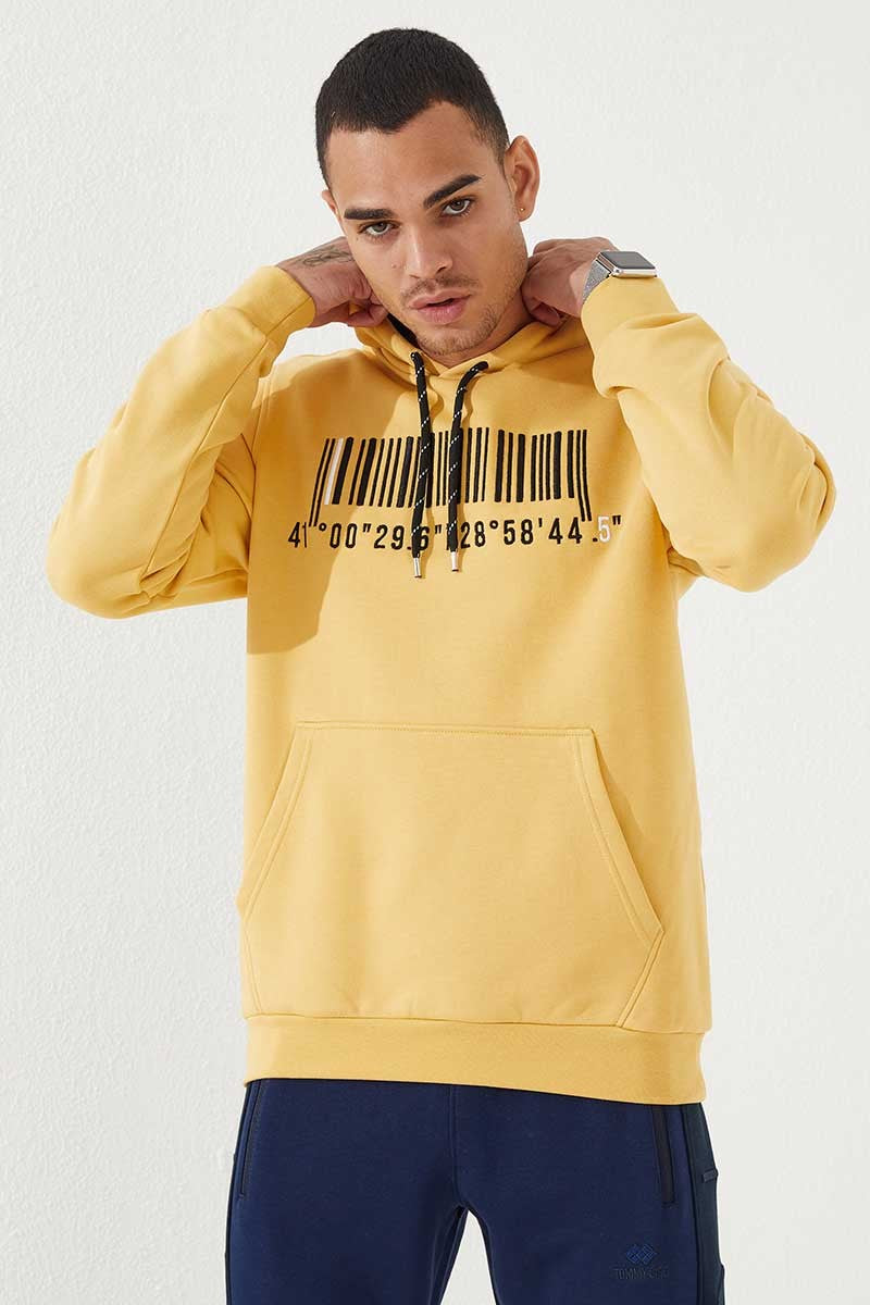 Hardal Nakışlı Kanguru Cep Standart Kalıp Kapüşonlu Erkek Sweatshirt - 87839