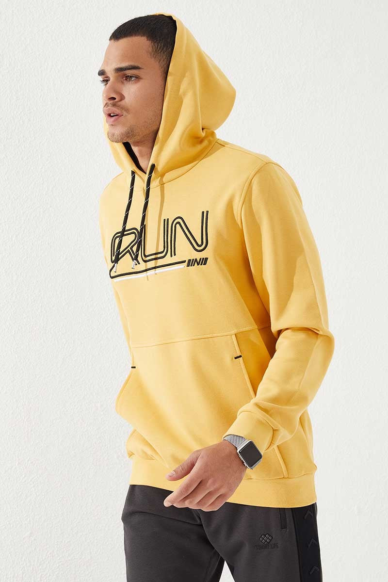 Hardal Yazı Nakışlı Standart Kalıp Kapüşonlu Erkek Sweatshirt - 87887