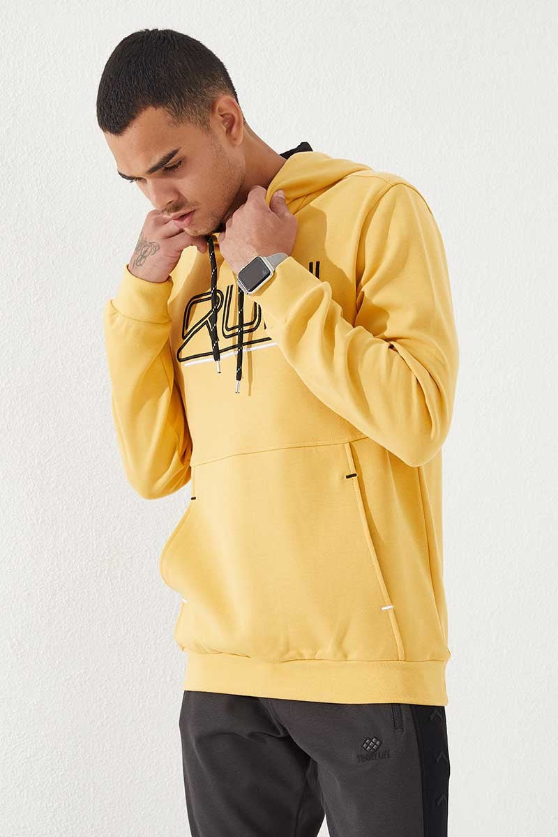 Hardal Yazı Nakışlı Standart Kalıp Kapüşonlu Erkek Sweatshirt - 87887