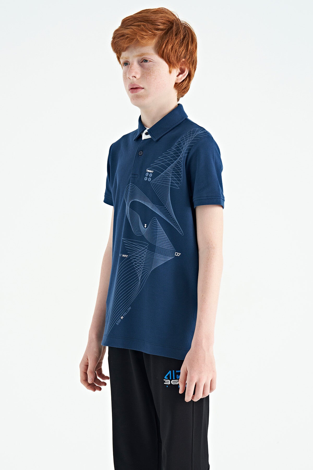 İndigo Baskı Detaylı Standart Kalıp Polo Yaka Erkek Çocuk T-Shirt - 11164
