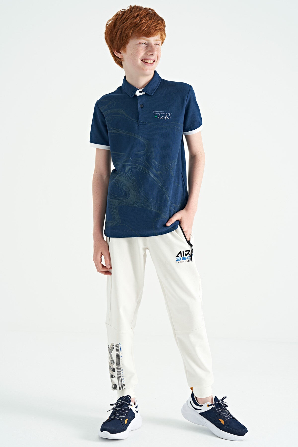 İndigo Baskı Detaylı Standart Kalıp Polo Yaka Erkek Çocuk T-Shirt - 11165