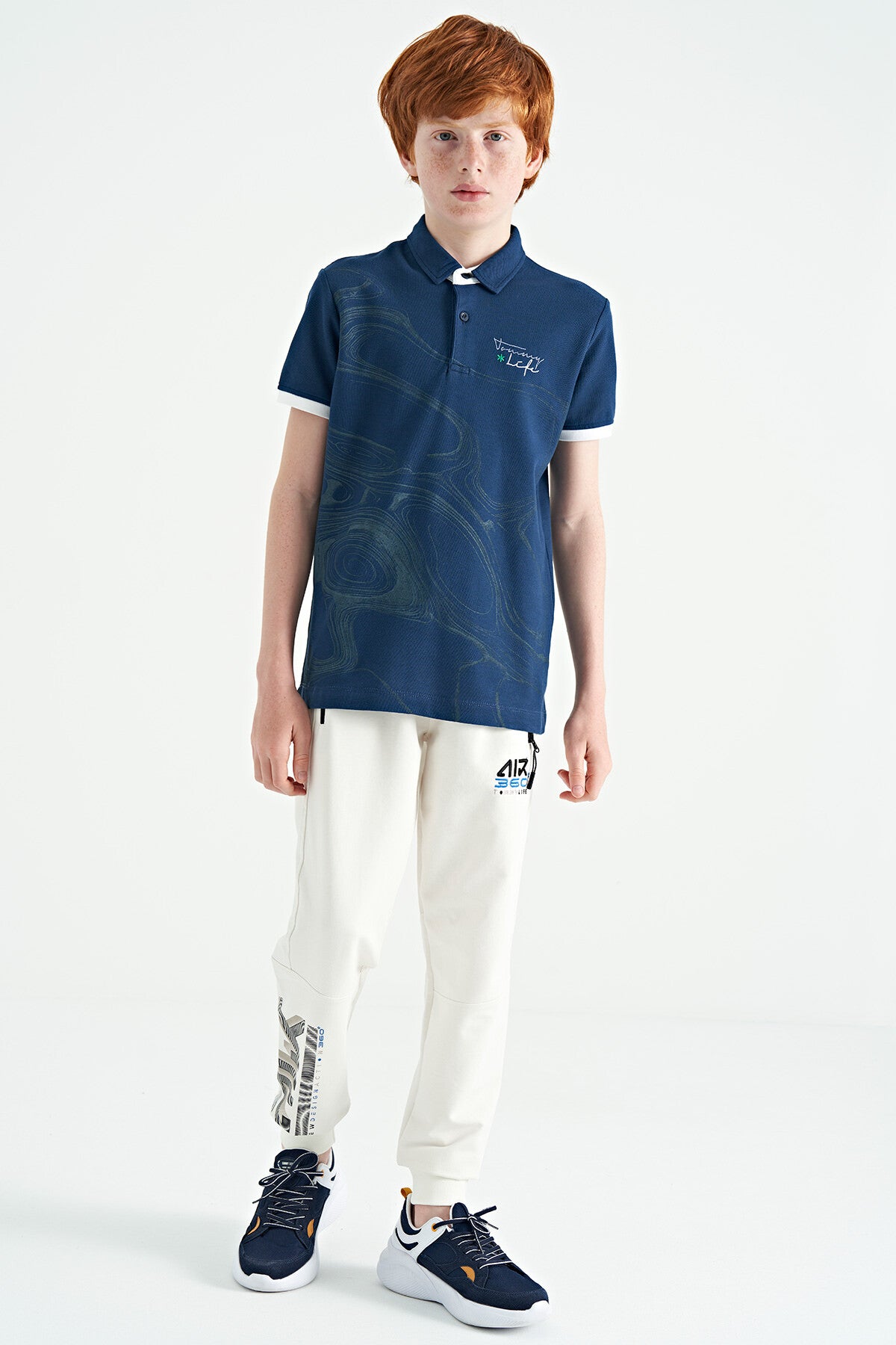 İndigo Baskı Detaylı Standart Kalıp Polo Yaka Erkek Çocuk T-Shirt - 11165