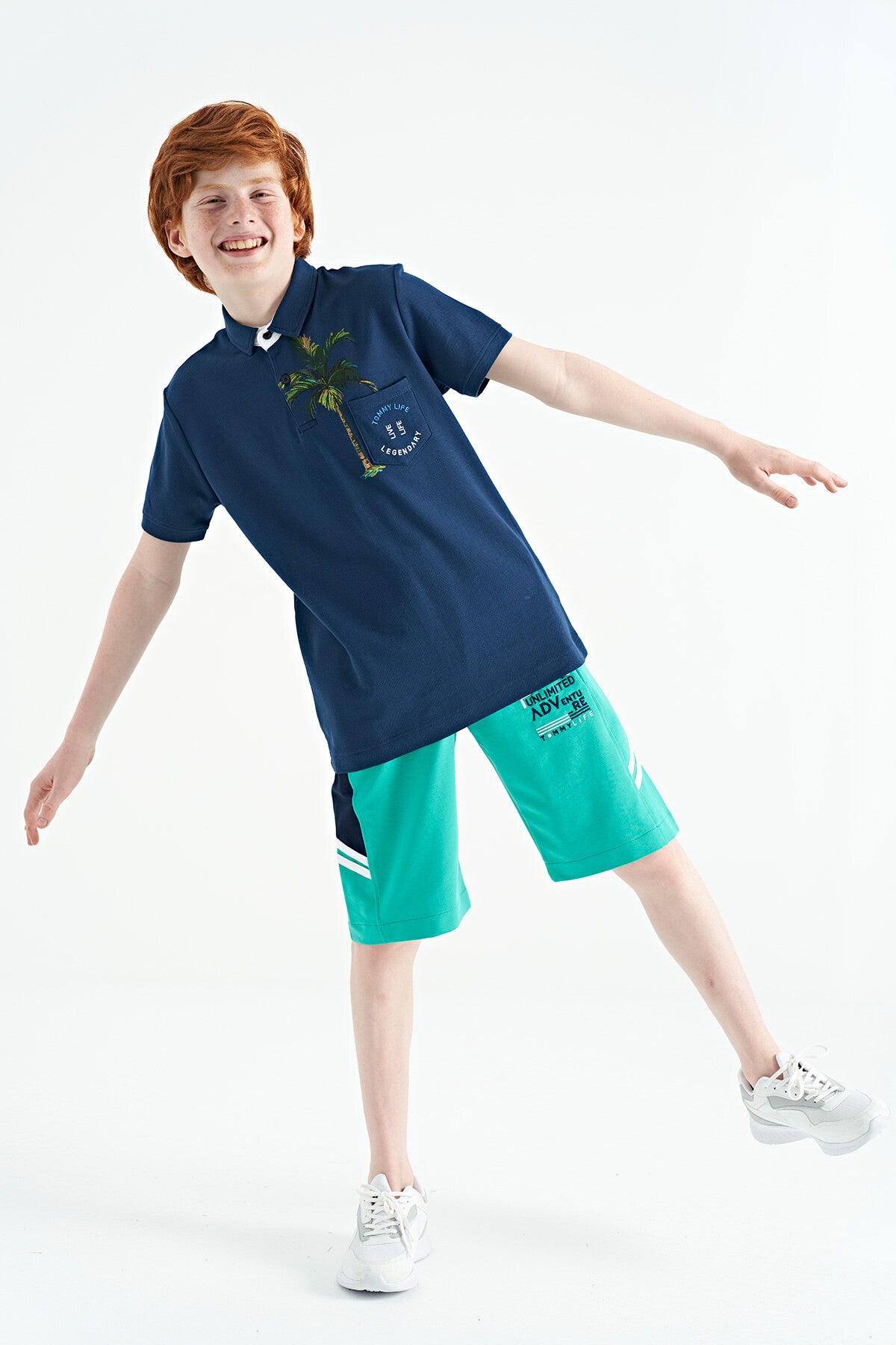 İndigo Baskılı Cep Detaylı Standart Kalıp Polo Yaka Erkek Çocuk T-Shirt - 11144