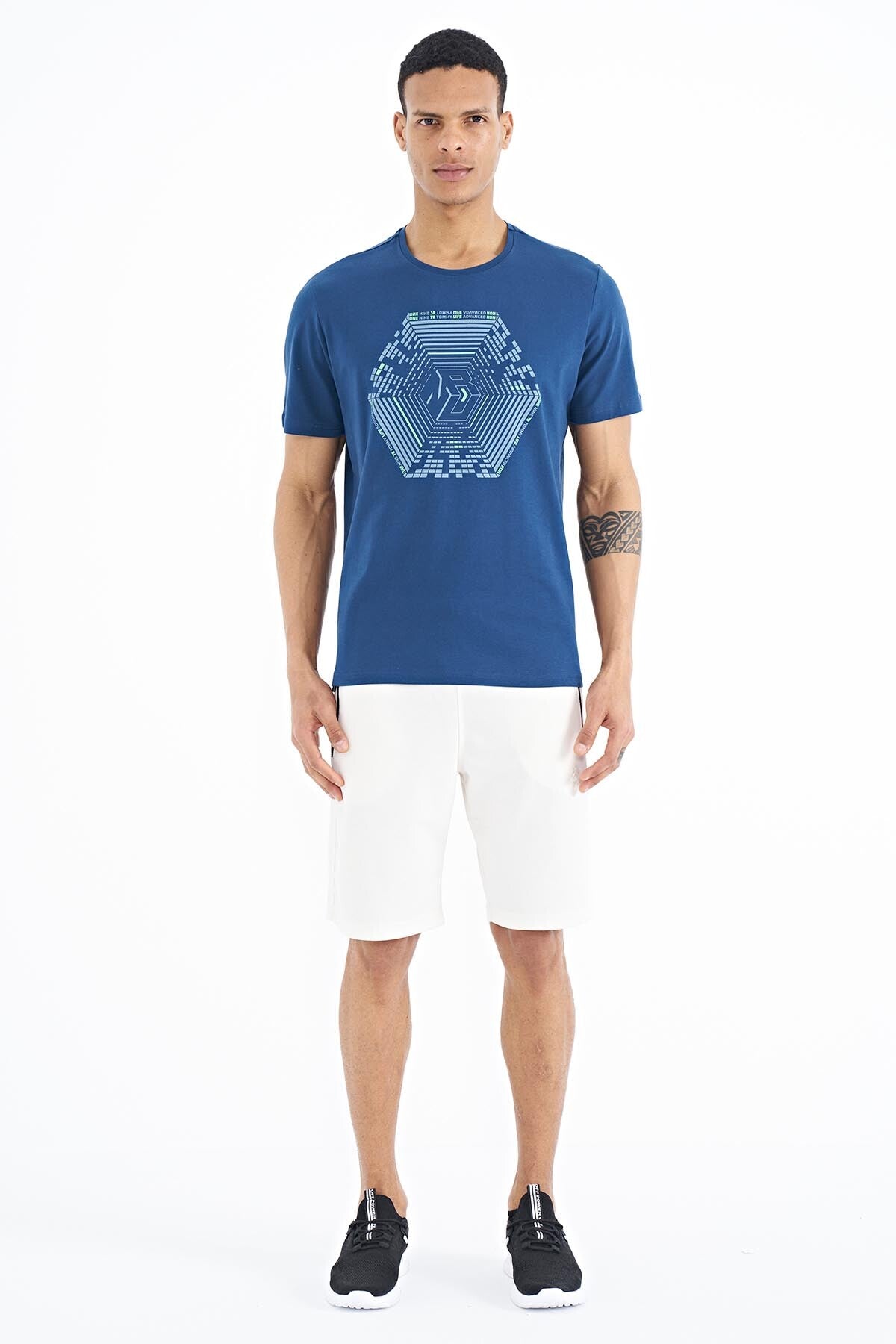 İndigo Desen Baskılı Standart Kalıp Erkek T-shirt - 88231