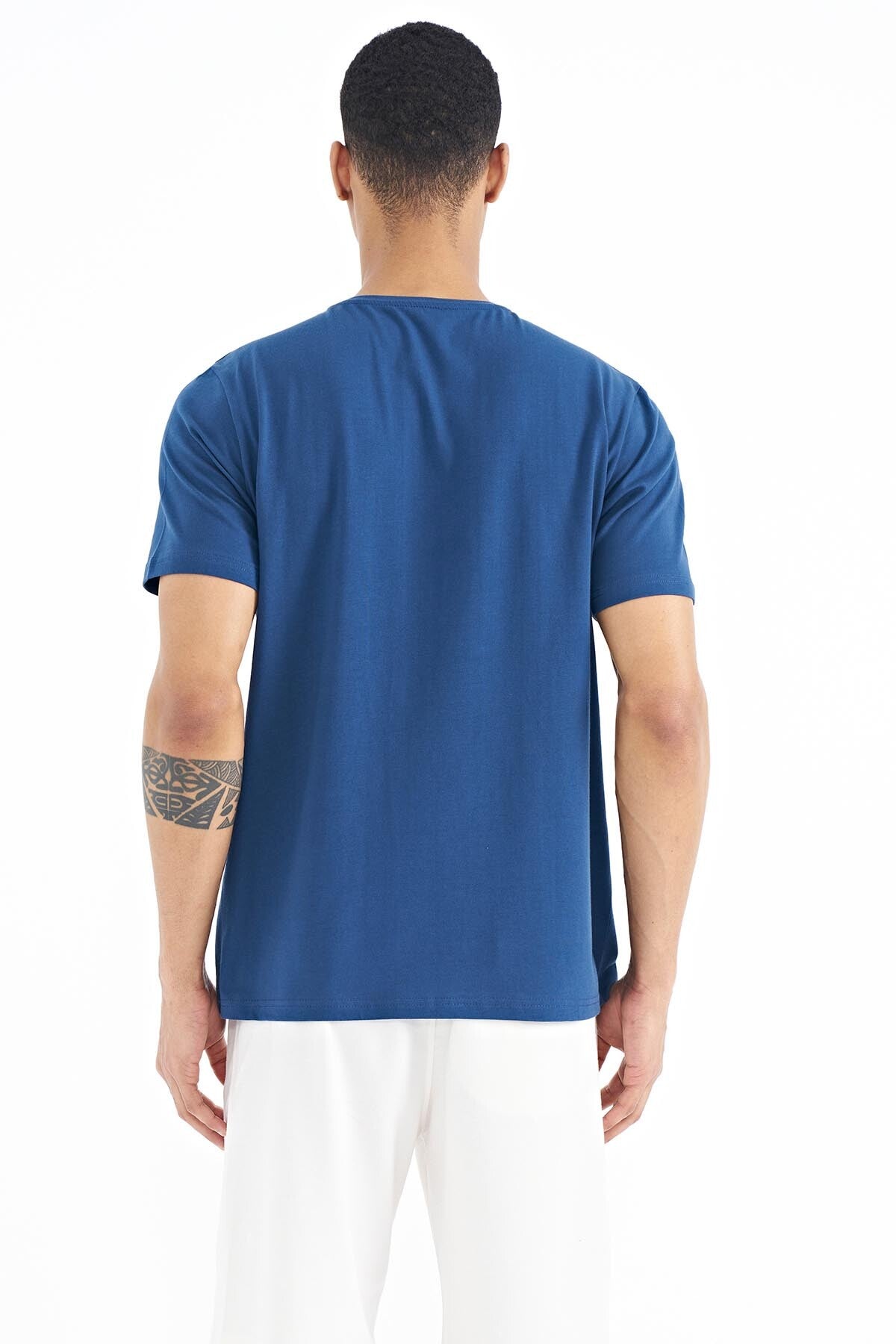 İndigo Desen Baskılı Standart Kalıp Erkek T-shirt - 88231