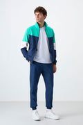 Indigo High Collar Color-Blocked Lined Men's Tracksuit - 85186
