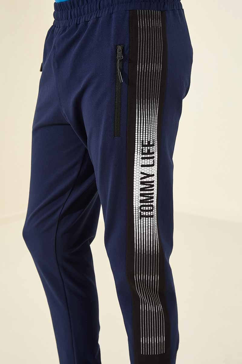 İndigo Fermuar Cepli Baskılı Standart Kalıp Jogger Erkek Eşofman Alt - 84657