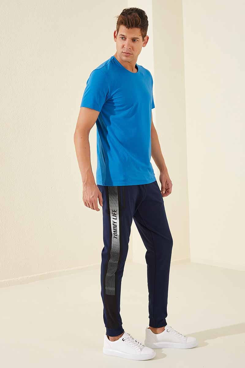 İndigo Fermuar Cepli Baskılı Standart Kalıp Jogger Erkek Eşofman Alt - 84657